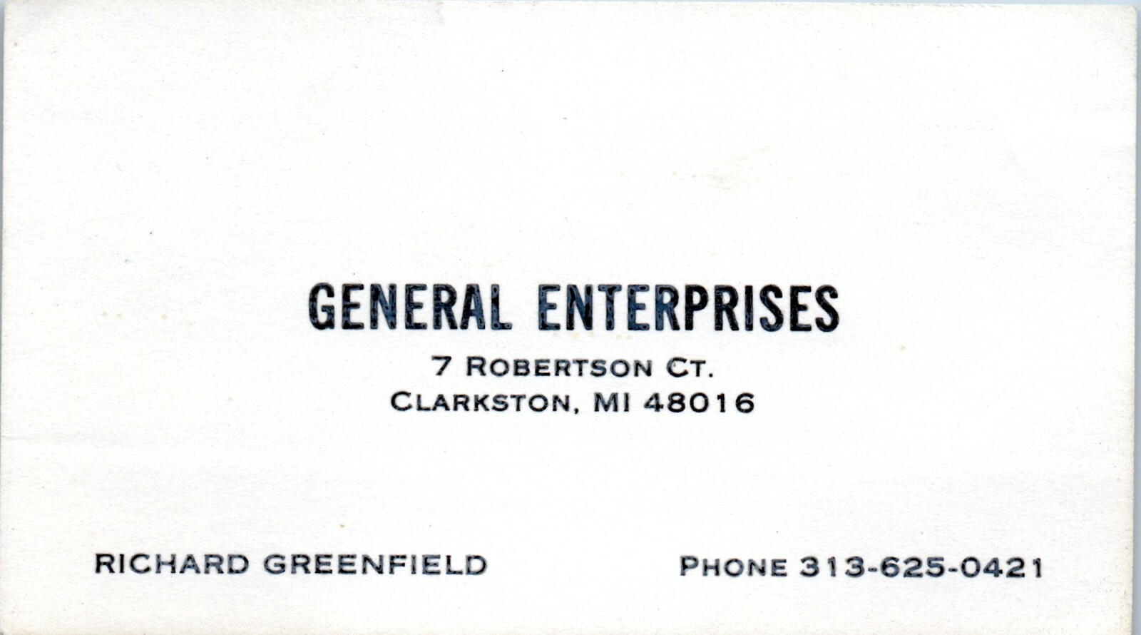 Richard Greenfield General Enterprises Clarkston Vintage Business Card Michigan