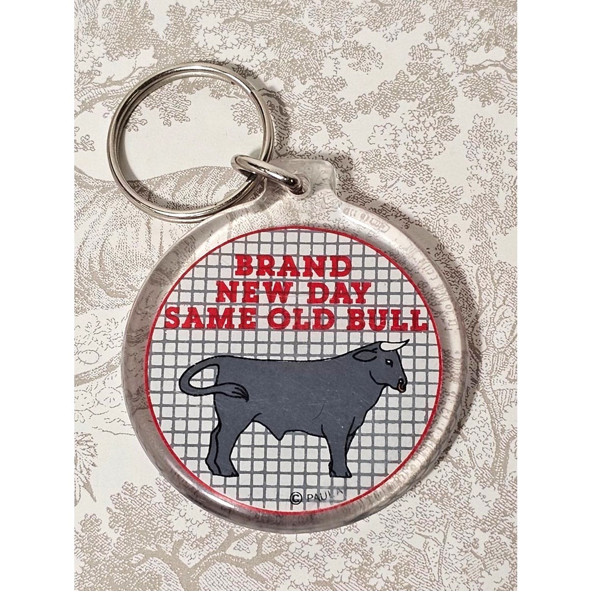 Vintage 1980s Paula “Brand New Day Same Old Bull” Keychain Clear Plastic