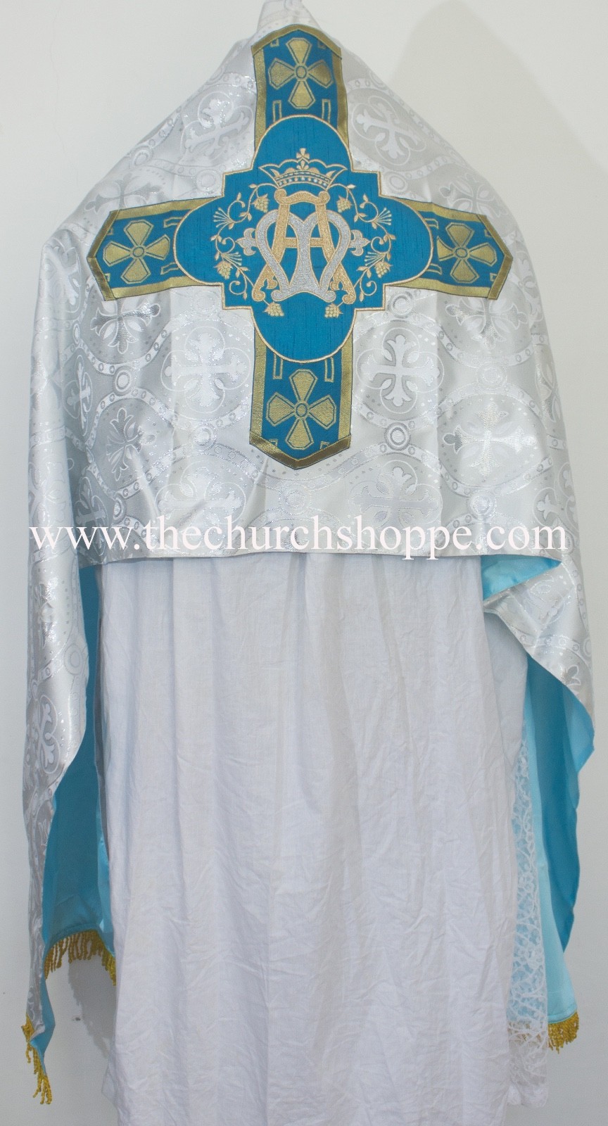 Metallic Silver Humeral Veil with AM embroidery,voile huméral,velo omerale