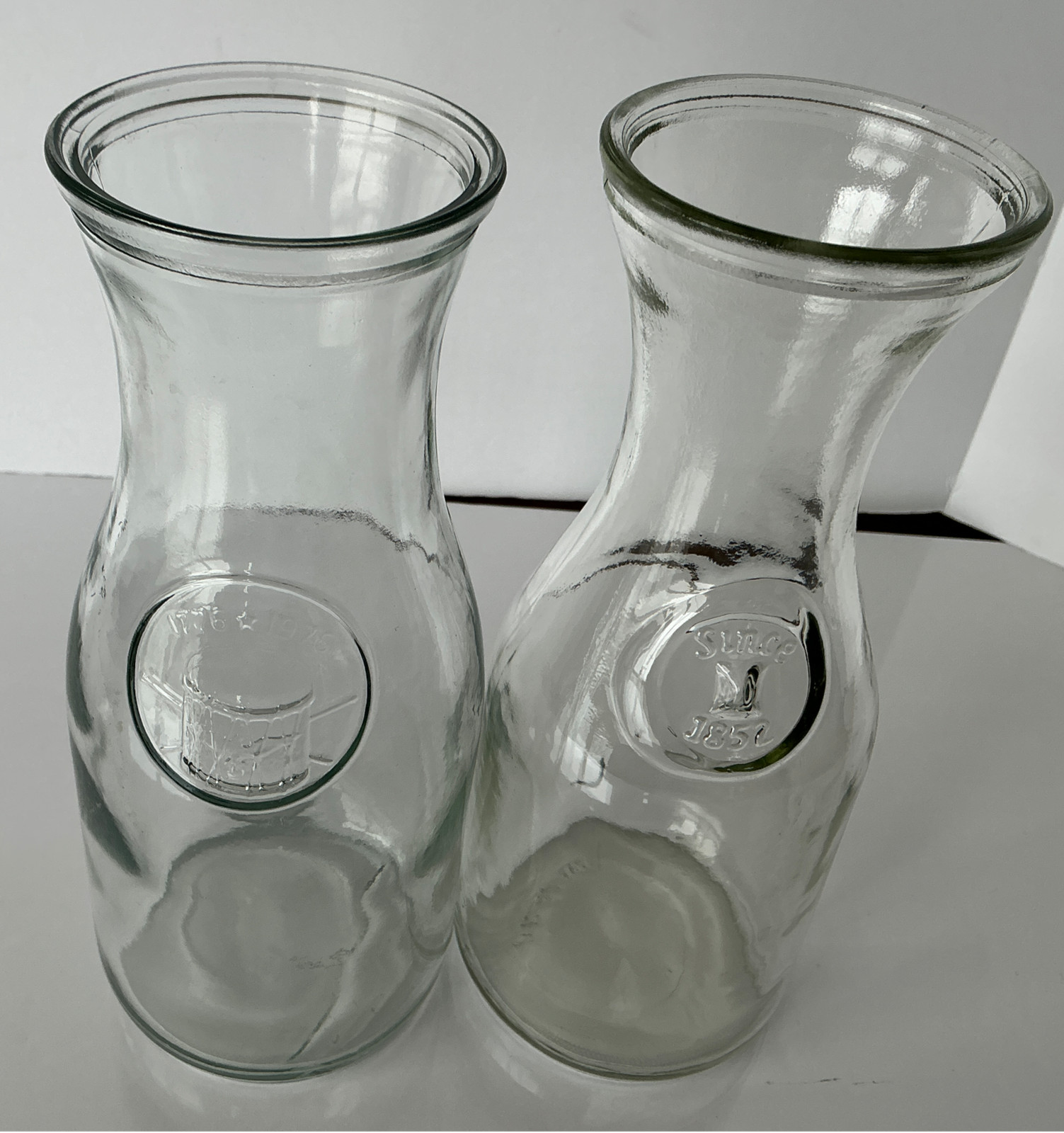 Vintage Glass Carafe Bottle Sunrise 1857 Embossed Clear Water Carafe Set Of 2