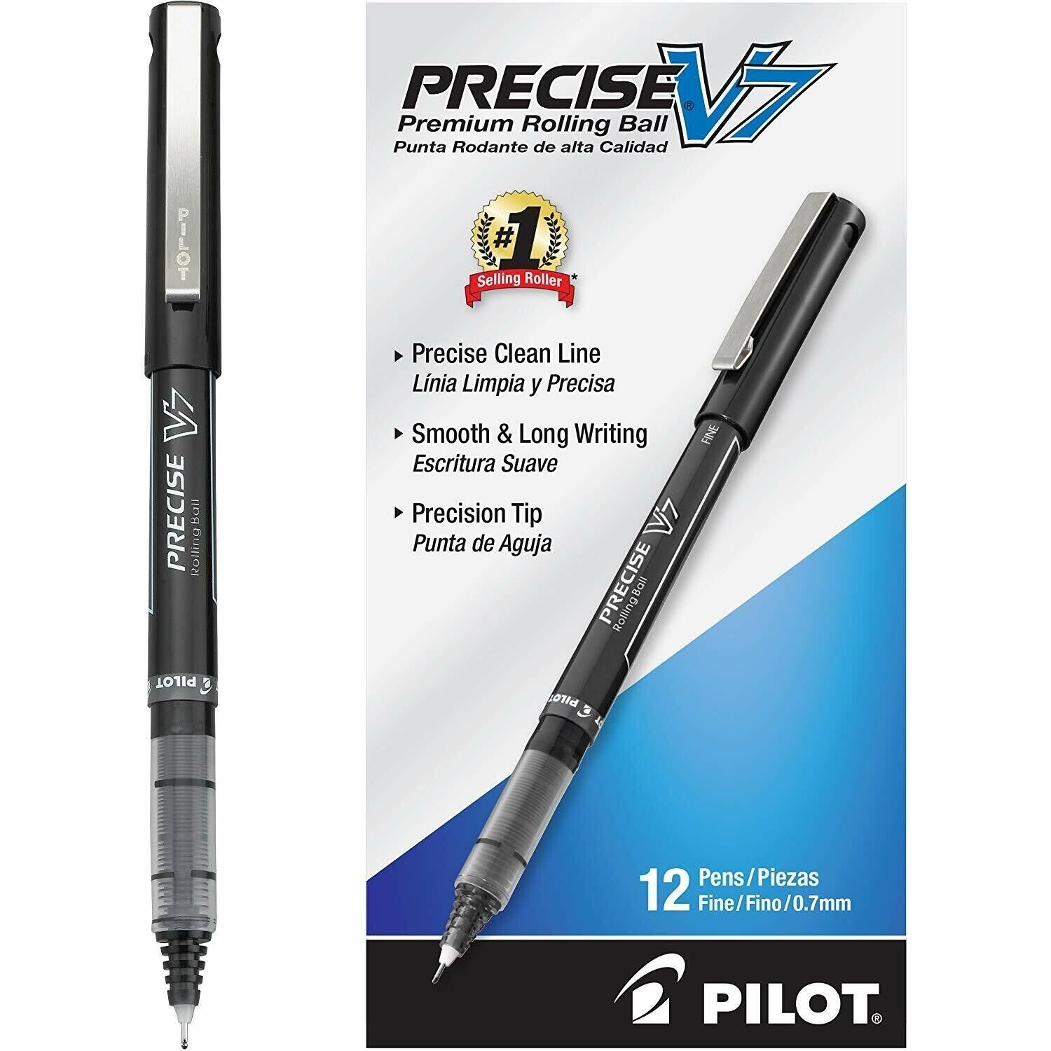 12 Pack - Pilot Precise V7 Stick Rolling Ball Pens, Precision Point Ink, .7mm