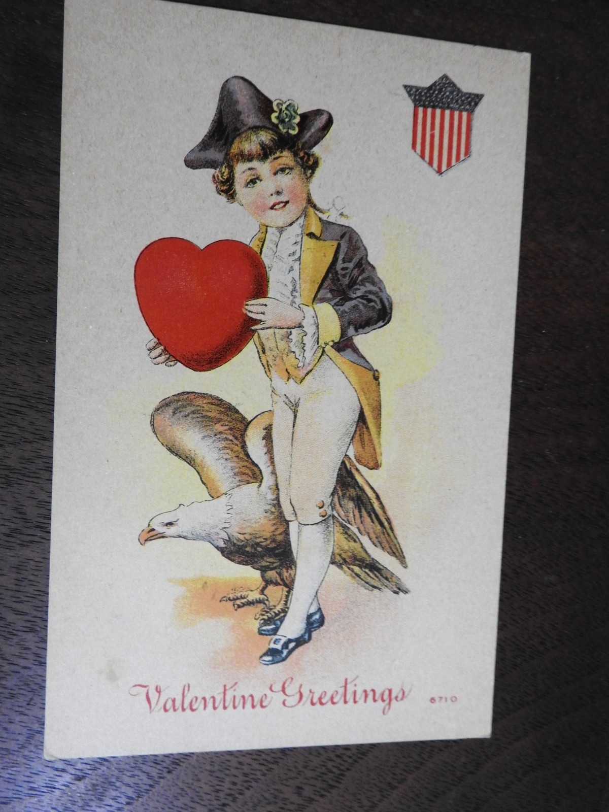 OLD Valentine Greetings Postcard PATRIOTIC CHILD w/ HEART Eagle FlagEmblem #6710
