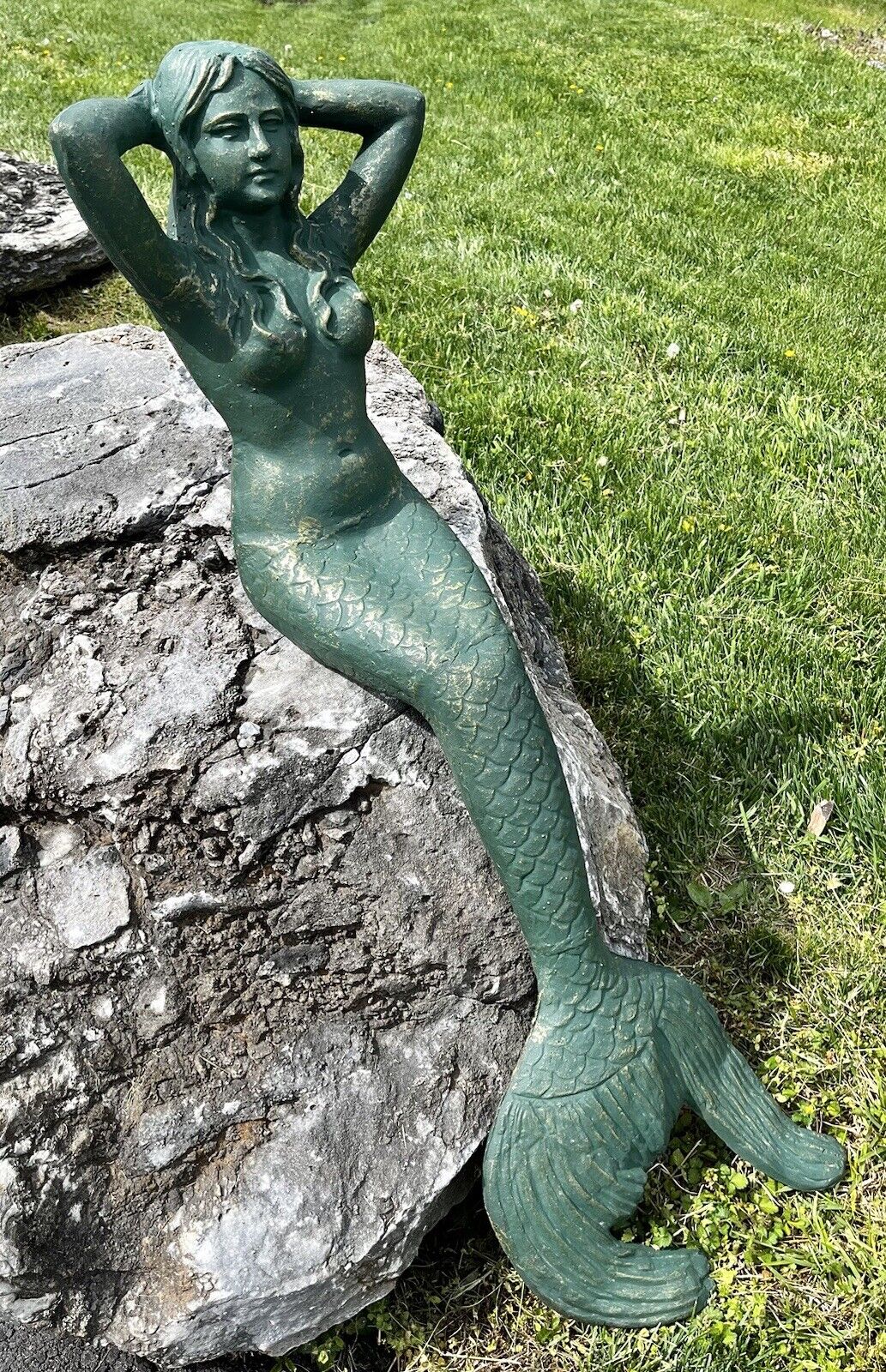 LARGE Sitting Mermaid Cast Iron Green 42” Long Nautical Statue