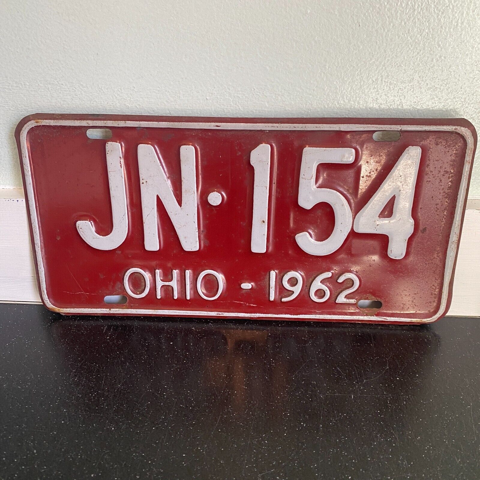 Ohio 1962 License Plate JN-154 Original Paint Show Car Red White