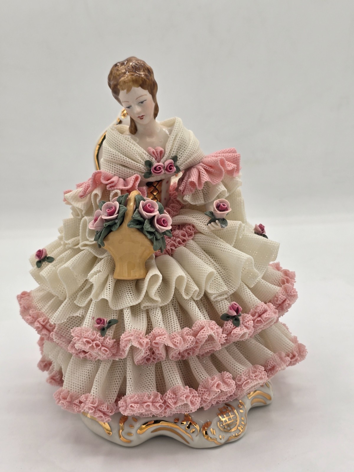 Rare German Mueller Volkstedt Dresden Lace Lady in Pink and White Figurine 7\