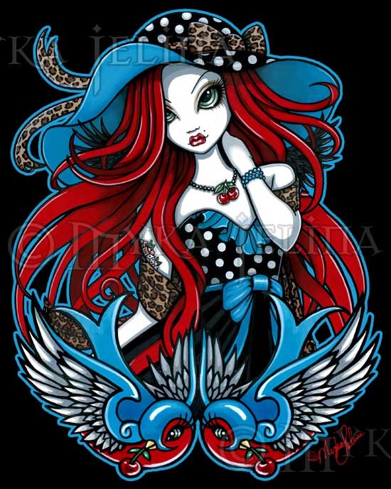 Rockabilly Angel Myka Jelina Art Print Signed Emma Swallow Tattoo Big Eyed Fae