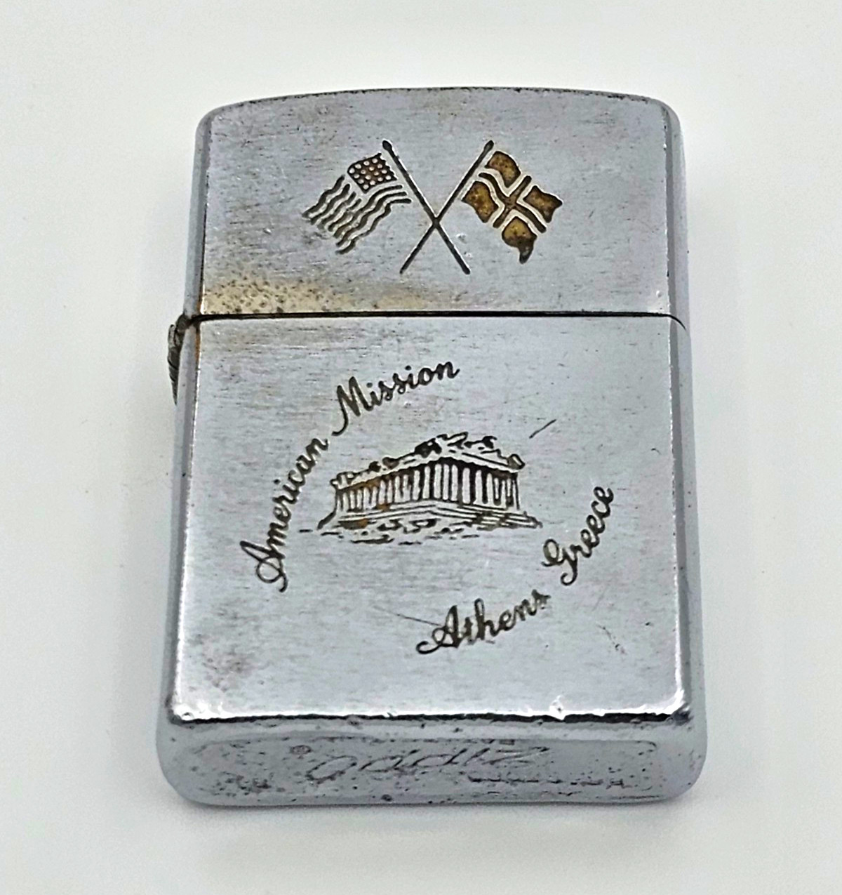 Vintage 1958 Zippo Lighter - American Mission Athens Greece - Pat 2517191