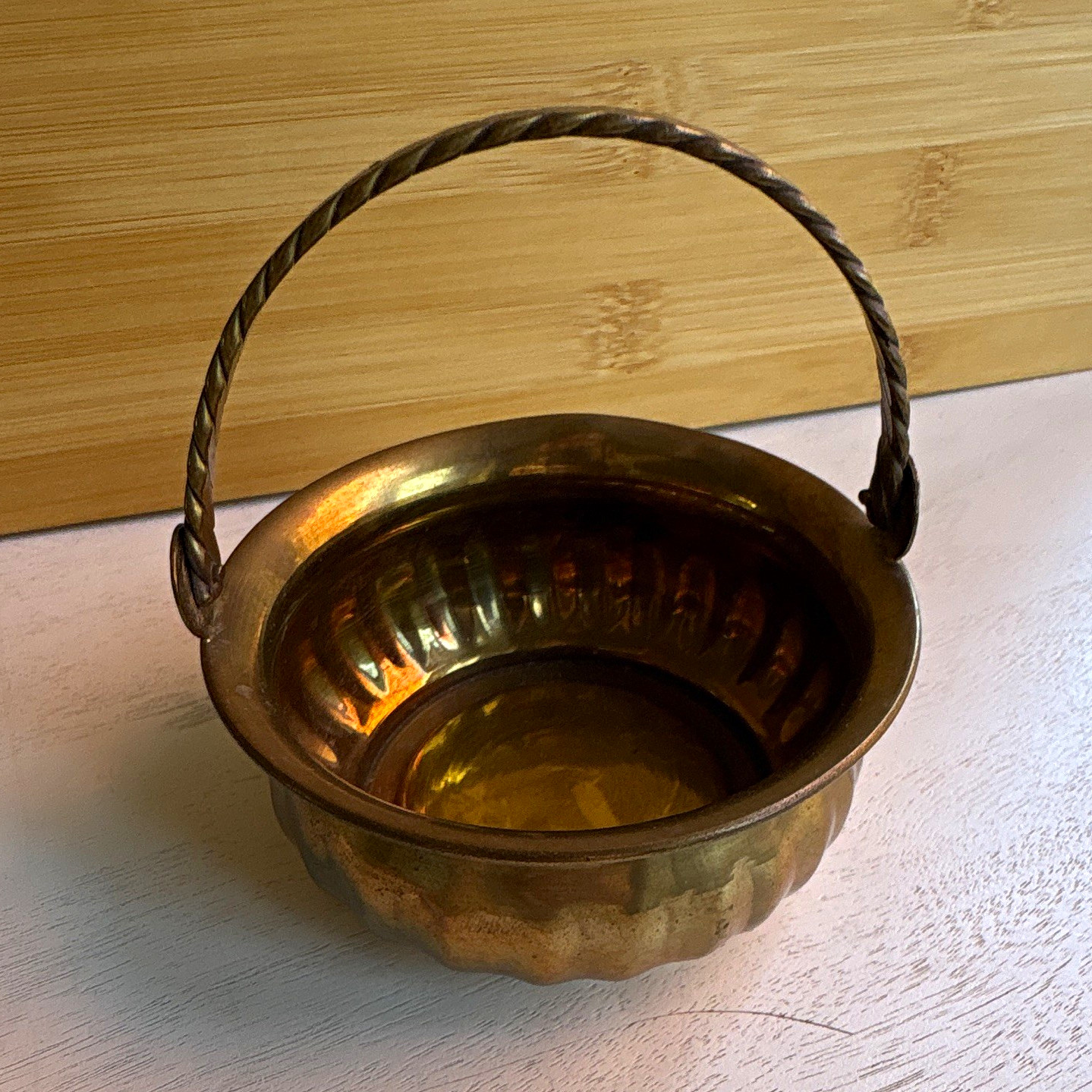 Solid Brass Twist Handle Bowl, Handled Basket Style, Made in India