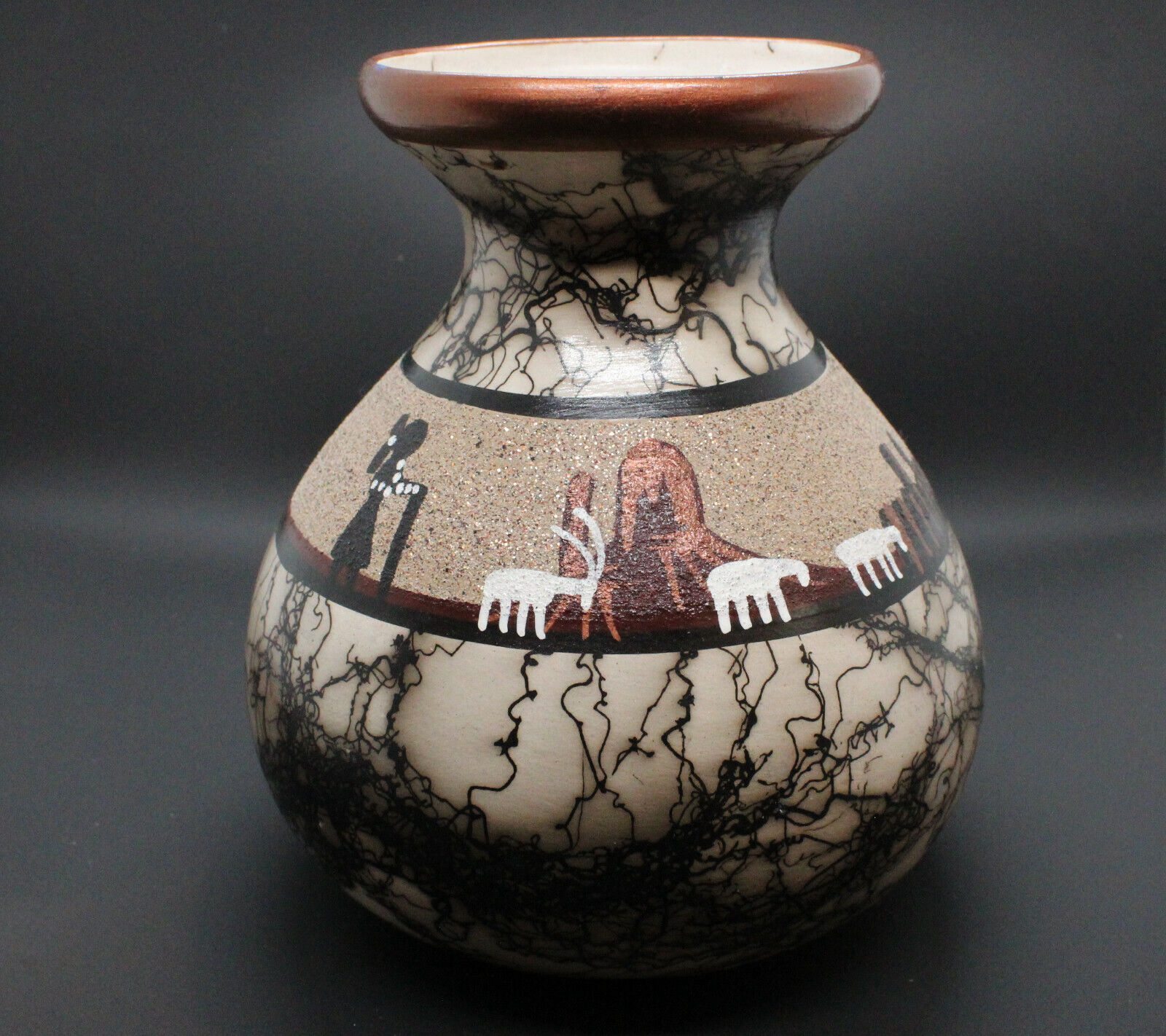 Native American Medium Horsehair Pot with Copper Trim by Elsie, Navajo