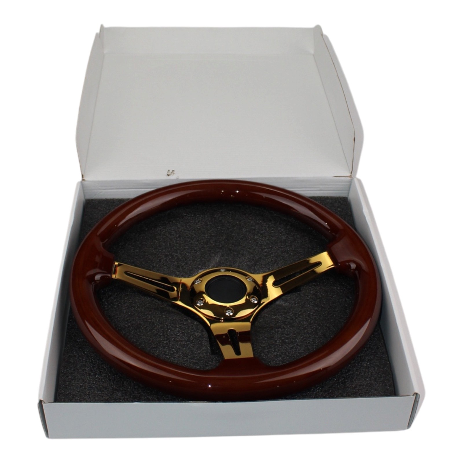 Wood Grip Steering Wheel 3 Spoke Slotted Gold Tone Brown Glossy Vintage