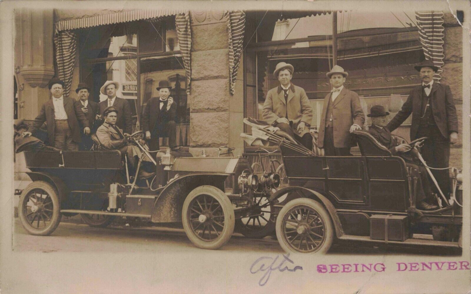 1908 Denver Colorado RPPC Several Men with Two Antique Cars Road Trip Postcard