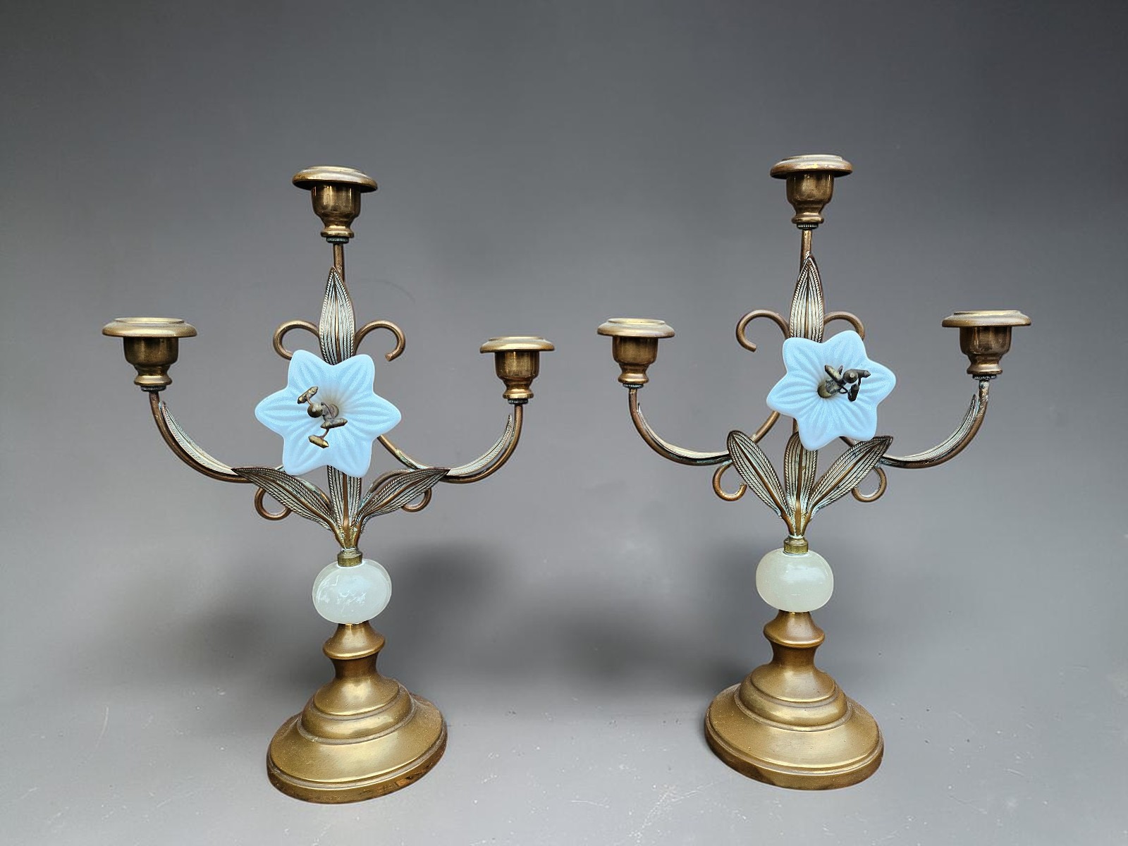 PAIR antique brass opaline glass flowers church candelabra candlesticks
