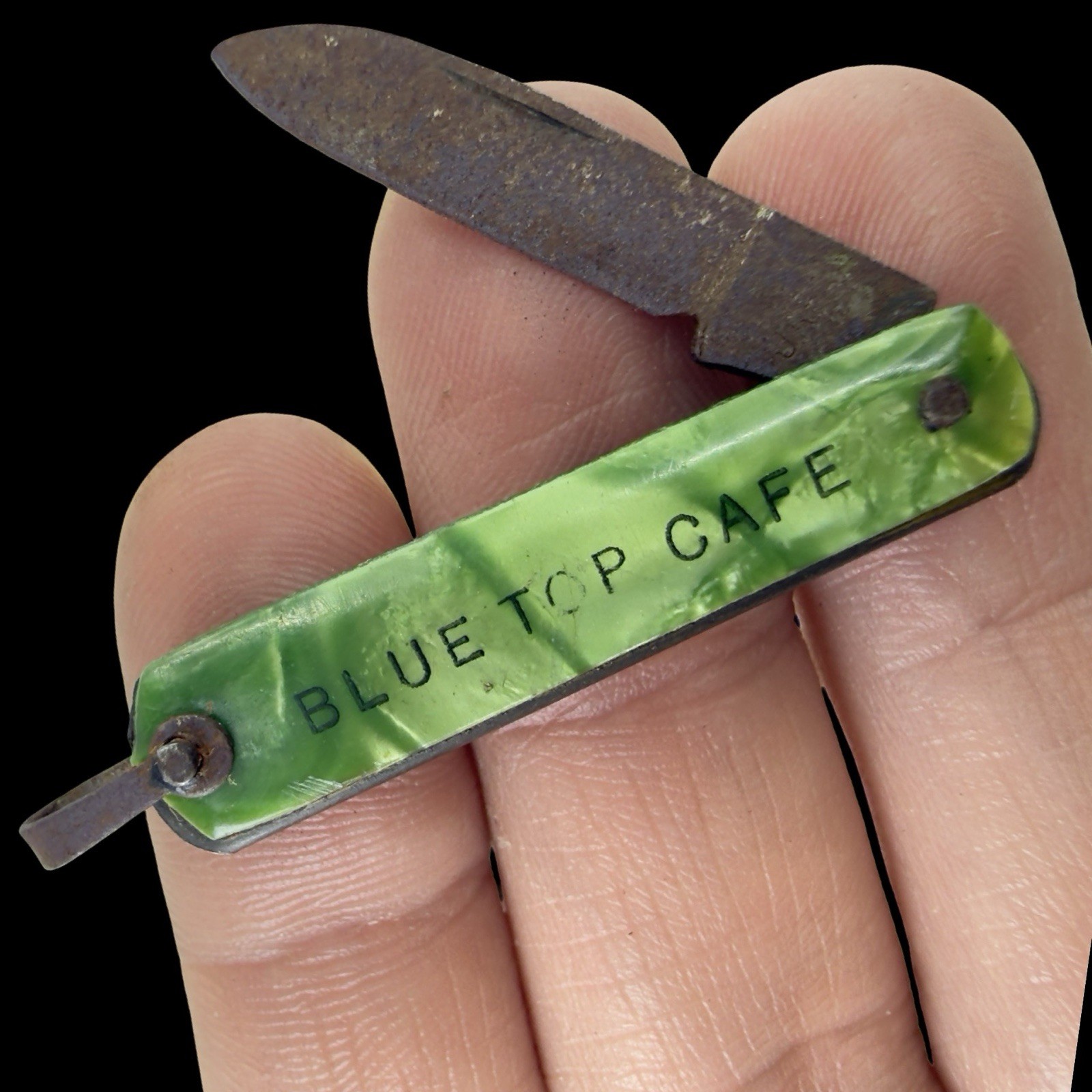 Vintage MICRO Miniature Pocketknife BLUE TOP CAFE Souvenir Arkansas ADVERTISING