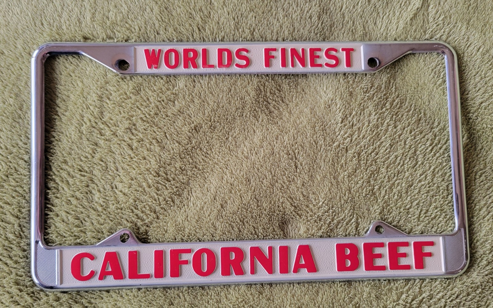 Vintage Worlds Finest California Beef License Plate Frame NOS Robert W. Brown