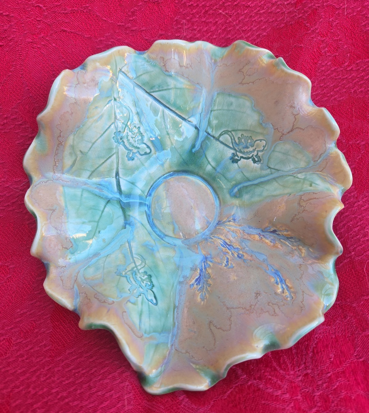 Vintage Kani of Hawaii Handmade Seafoam Green & Amber Pottery Leaf Dish W Geckos