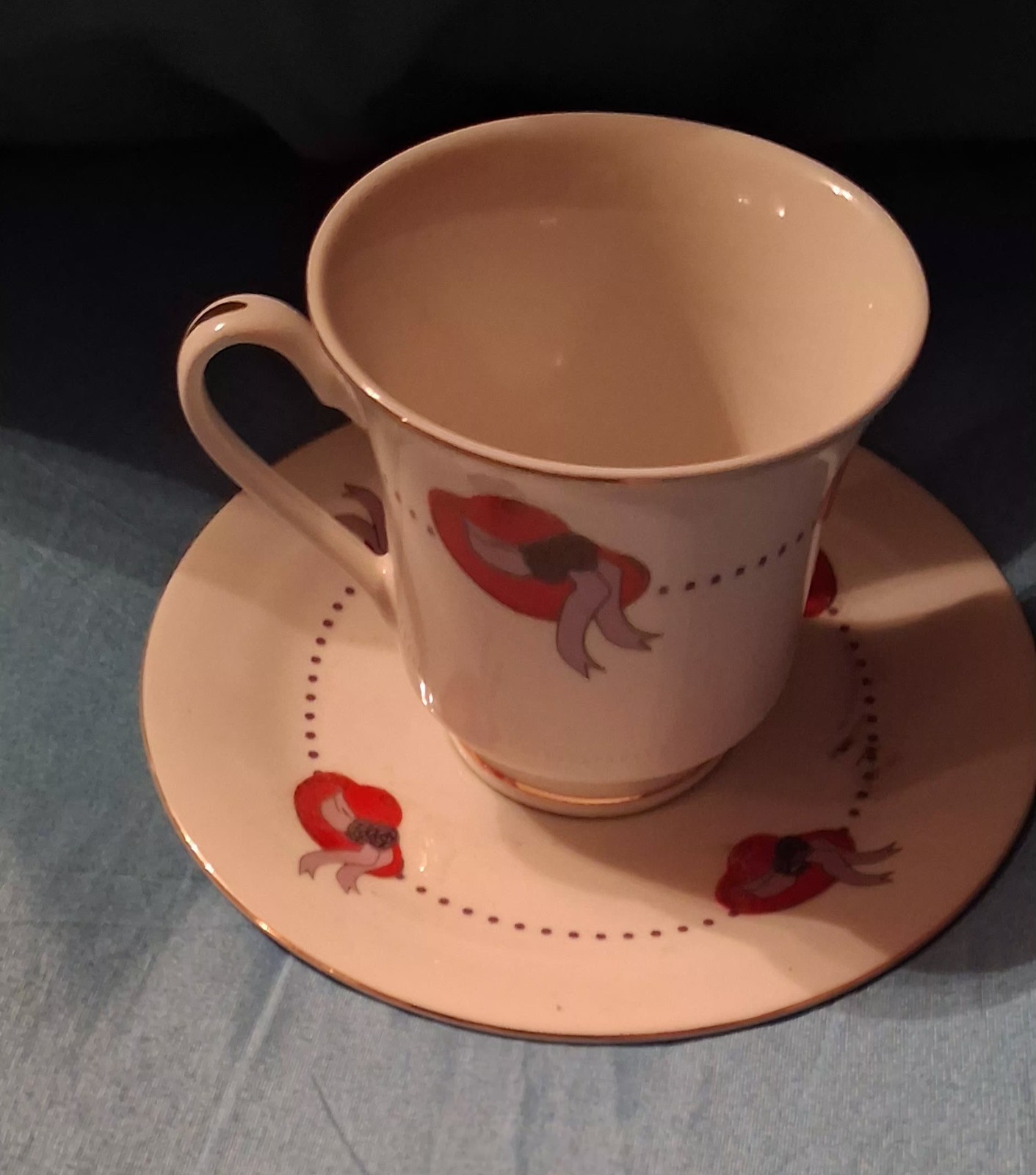 Darice Red Hat Society Porcelain Teacup Saucer Set 2013 Gold Trim Hand Wash Vtg