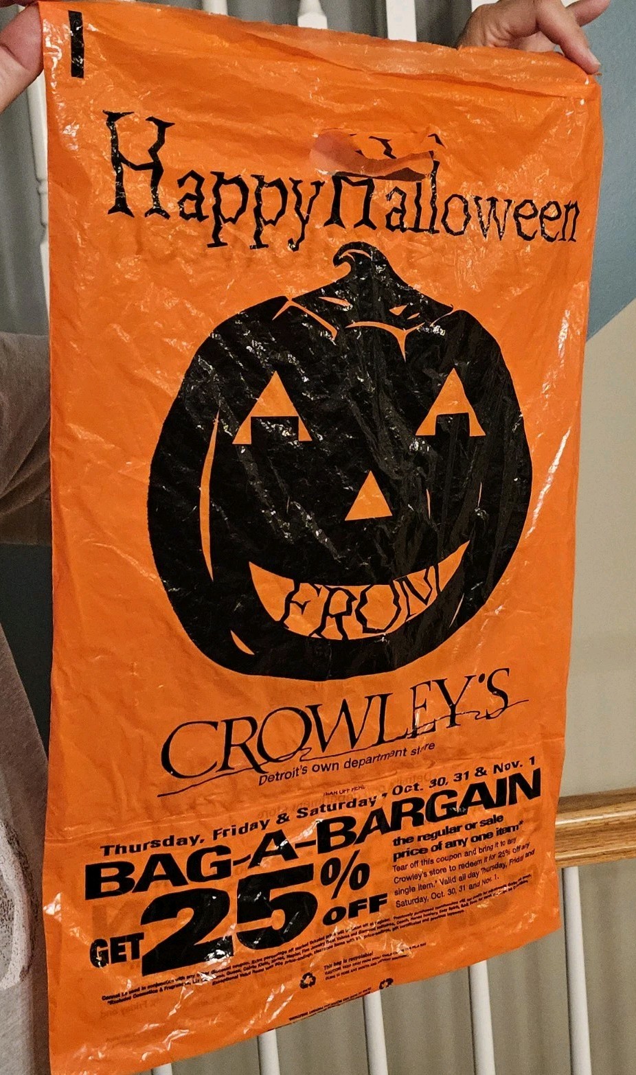 Vtg Crowley's Dept Store Detroit HALLOWEEN Plastic Shopping Bag Trick or Treat