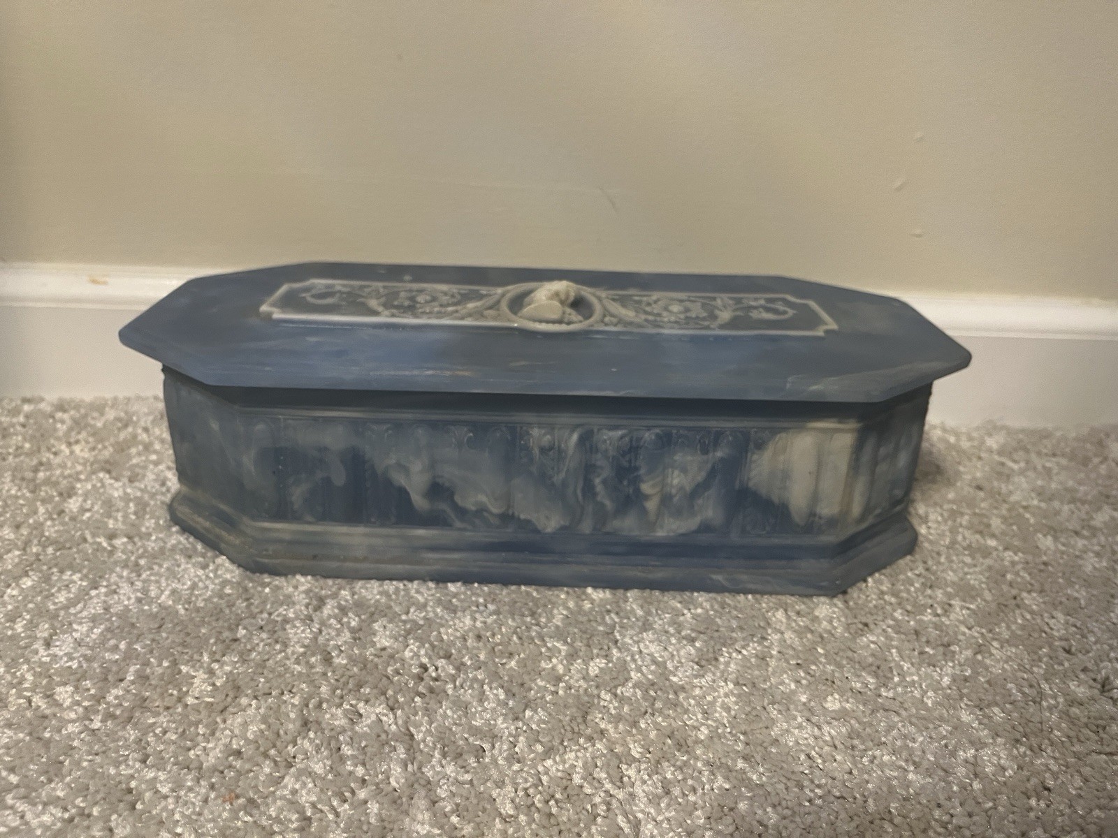 Vintage Blue Incolay Stone Jewelry Box w/ White Cameo & Flowers See Details