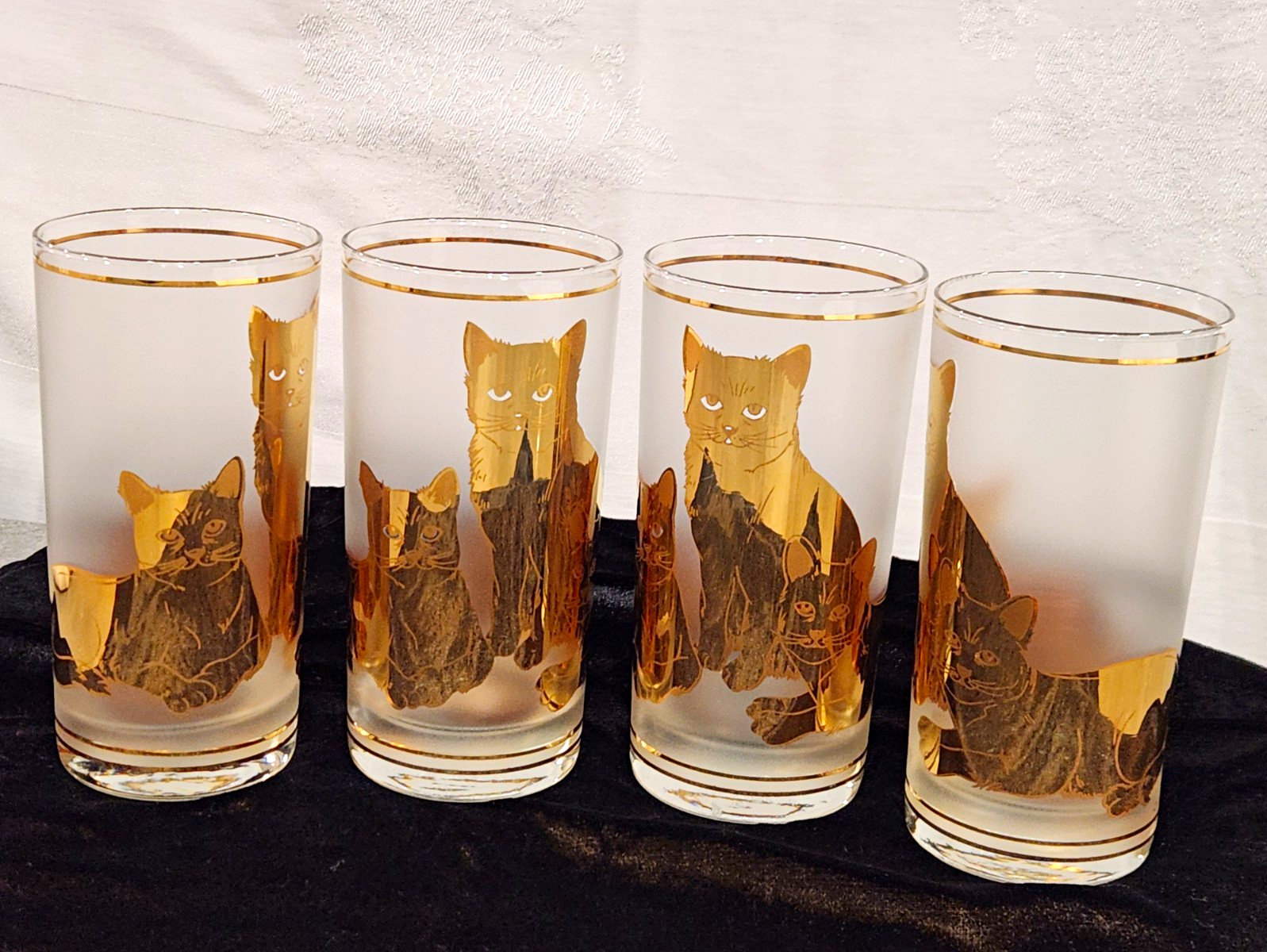 Vintage MCM Culver 22k Gold Frosted CATS Highball Glasses Set of 4 SIGNED