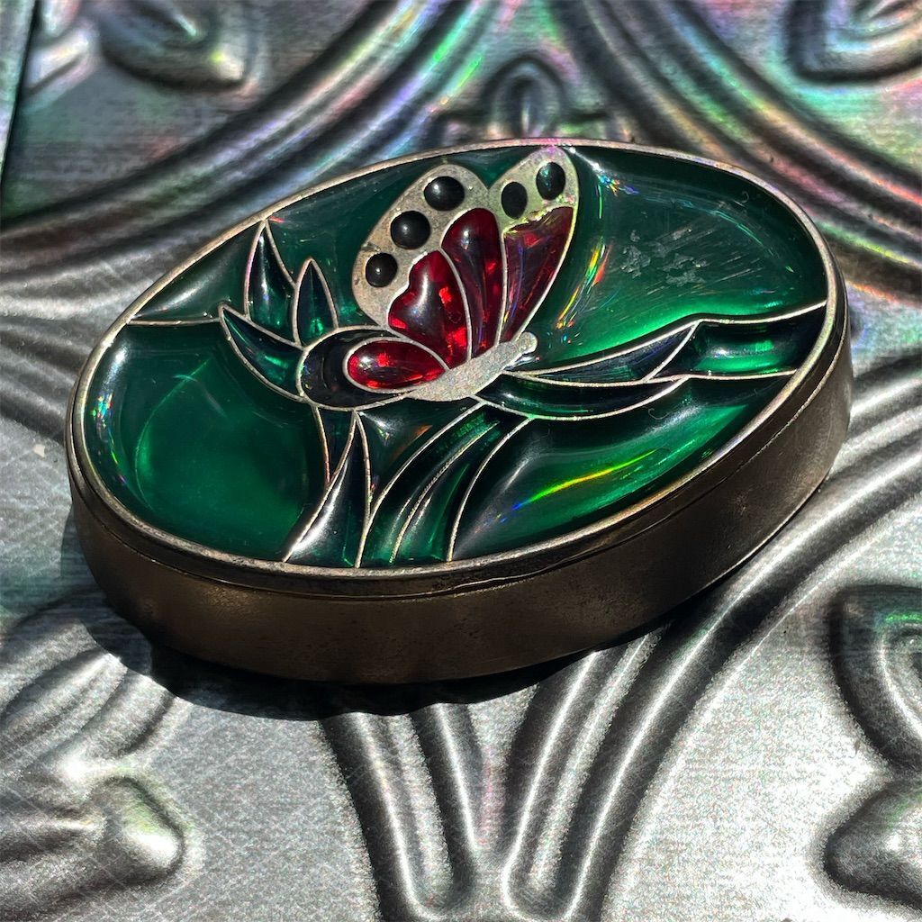 Vtg Stained Glass Brass Butterfly Trinket Box Handmade Elegant Gift