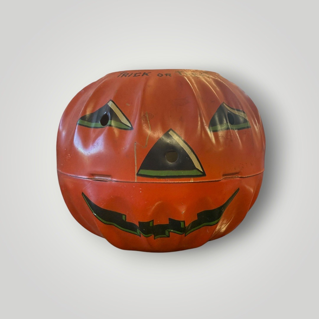 Vtg 1950s Halloween Tin Litho Jack O Lantern Candy Bucket Pail US Metal Toy Co