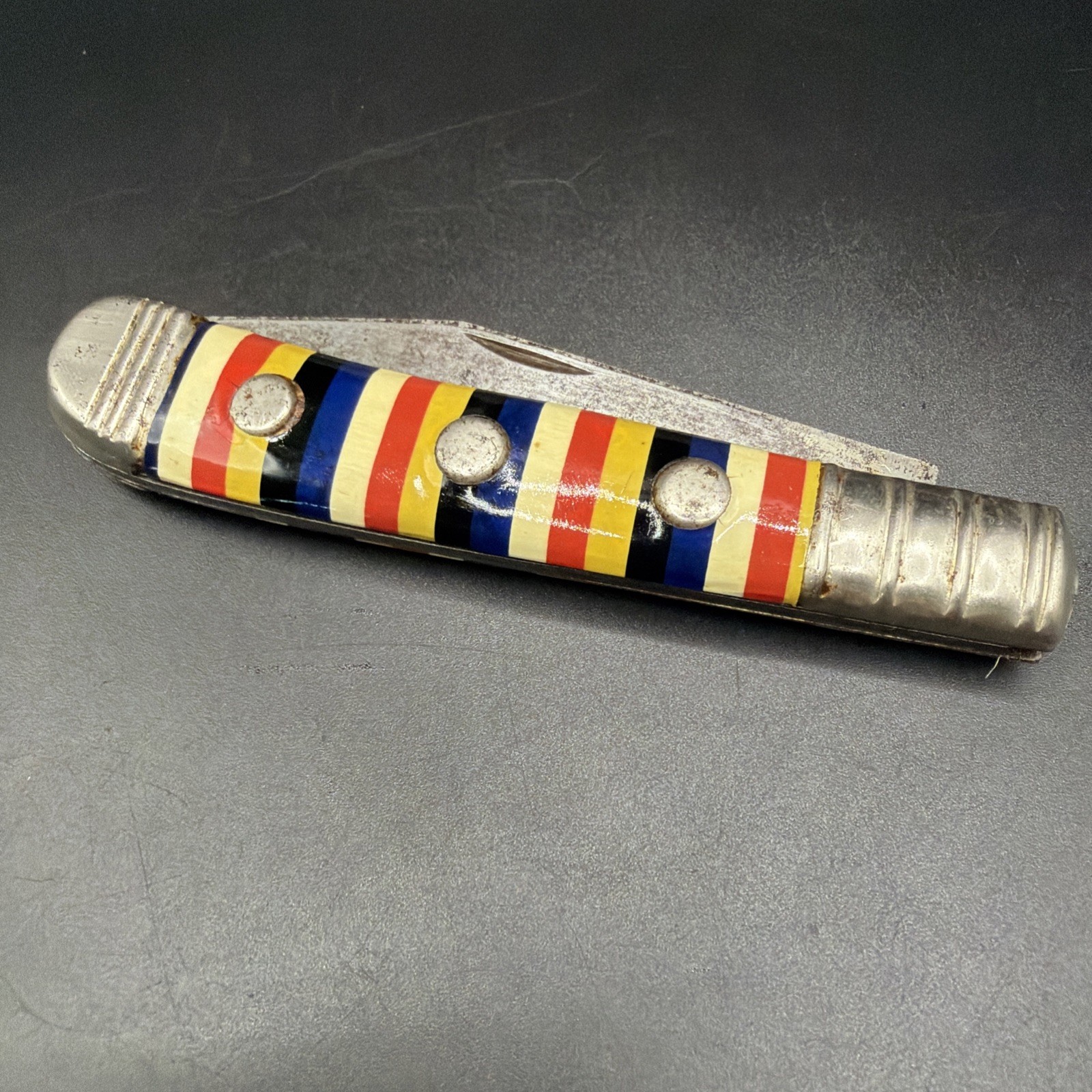 Vintage Made in Germany Multi Color Candy Stripe 4.5 Clasp Pocket Knife 1940s