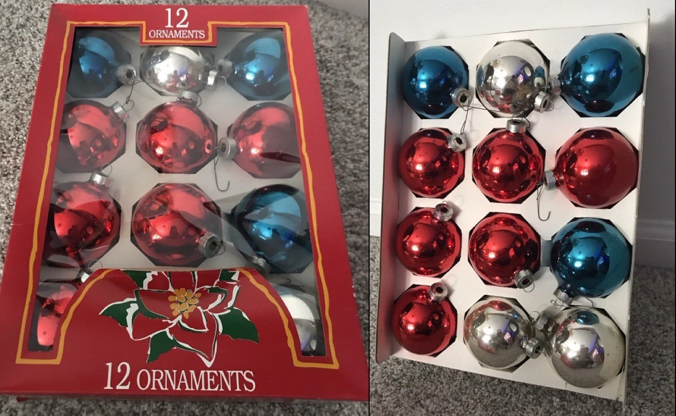 Vtg Set Of 12 Made in USA Blown Glass Christmas Ornaments 2 5/8” Xmas Blue Red