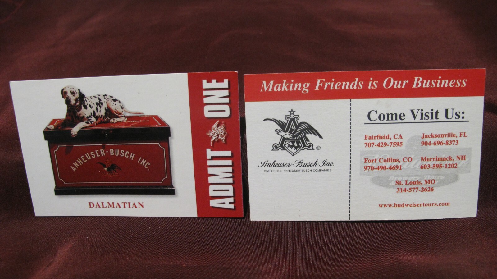 TWO 1980\'S ANHEUSER-BUSCH INC. BUSINESS CARDS  / DALMATIAN