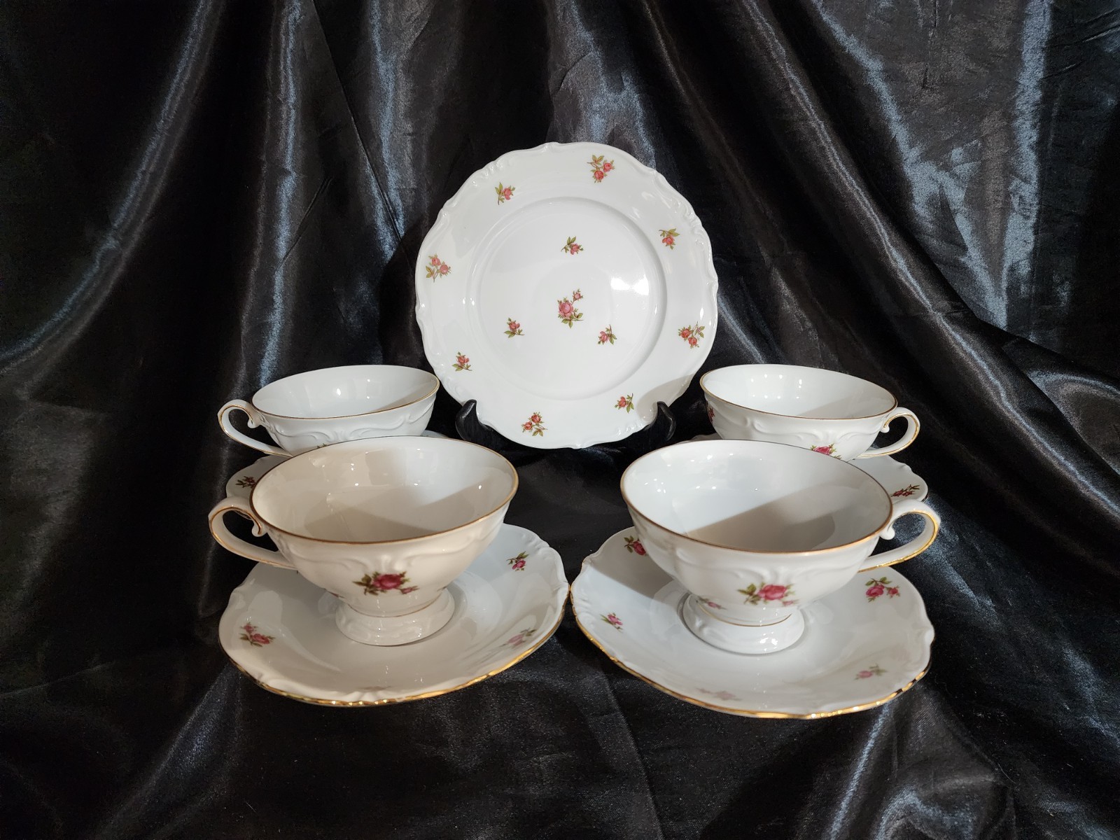Vintage Bavaria Western Germany Teacup & Scalloped Saucer Pink Roses Gold (9pc)