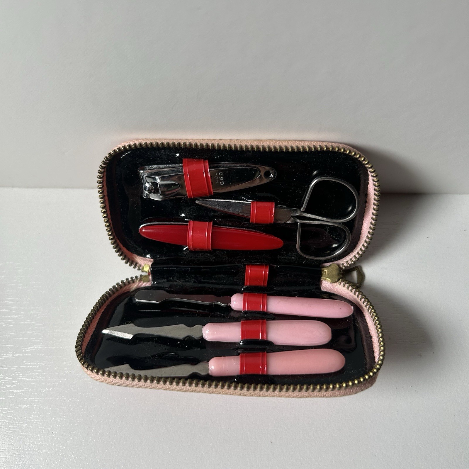 Vintage Manicure Kit 6 Piece Pocket Travel Size Pink Leather Case Zipper Close