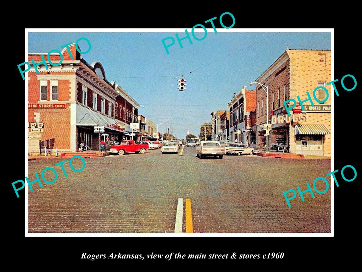 OLD POSTCARD SIZE PHOTO OF ROGERS ARKANSAS THE MAIN STREET & STORES c1960