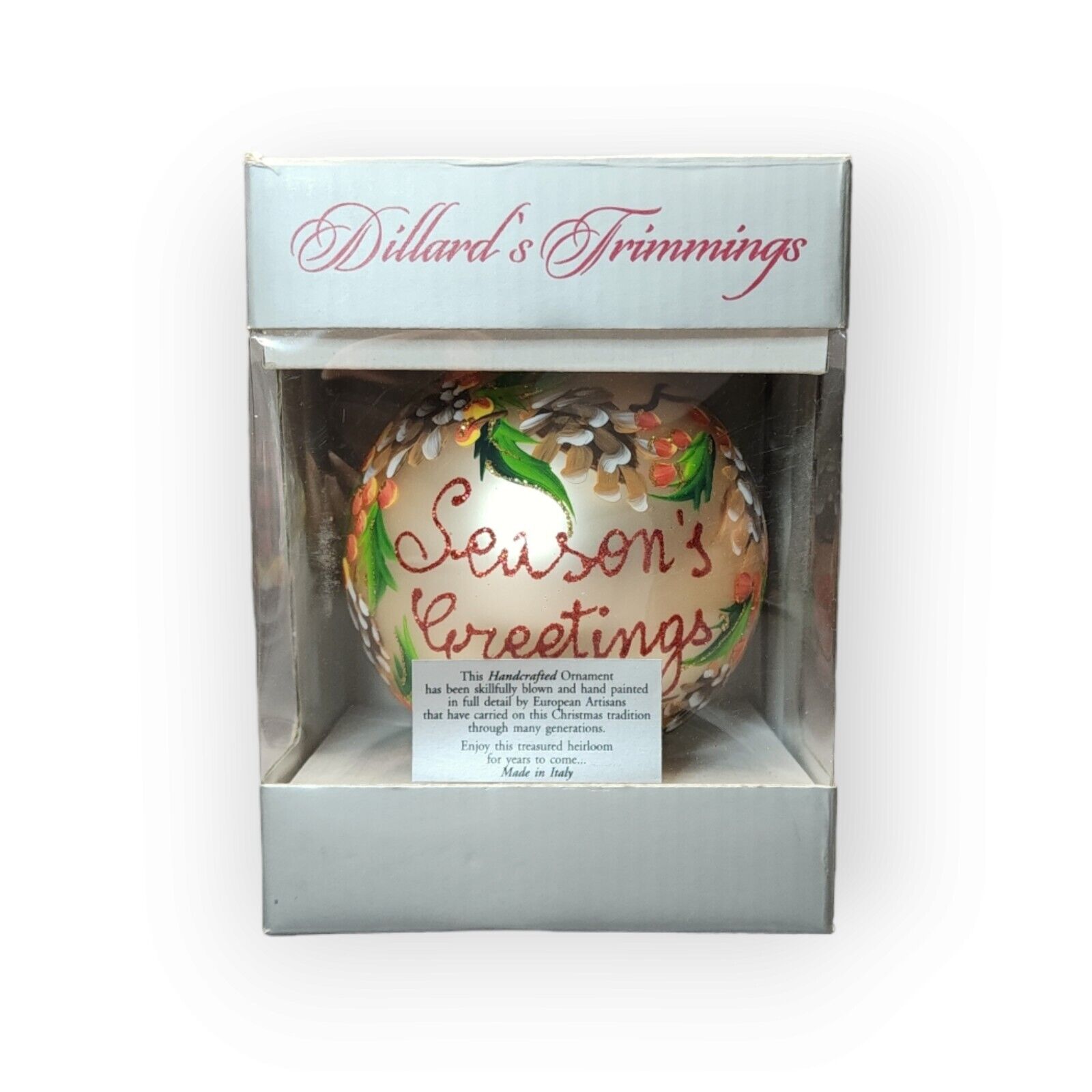Christmas Ornament Dillard's Trimmings Hand Painted Season's Greetings Pinecones