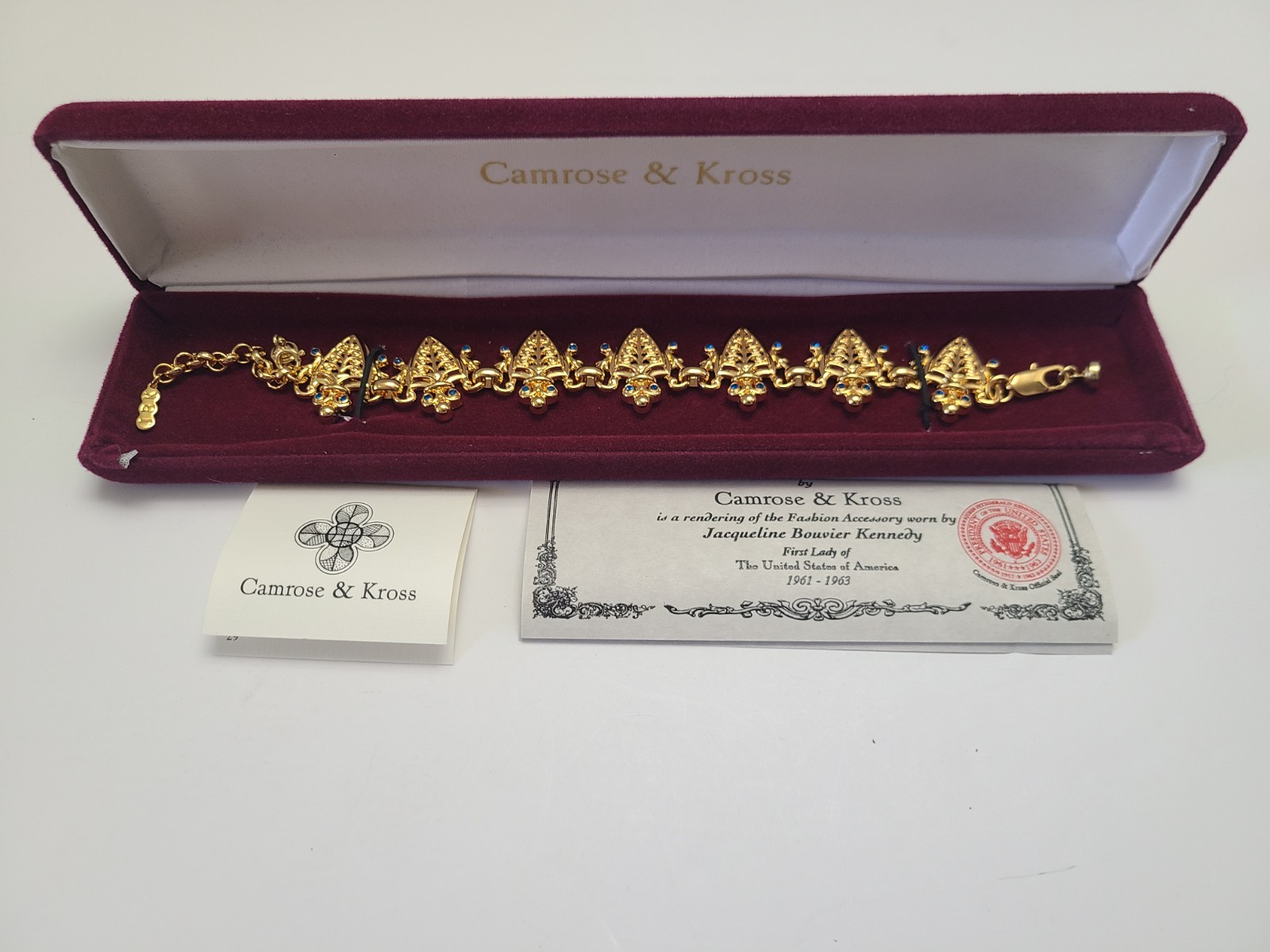 JBK Jacqueline Kennedy French Herald Link Bracelet Blue Gold Tone Camrose Kross