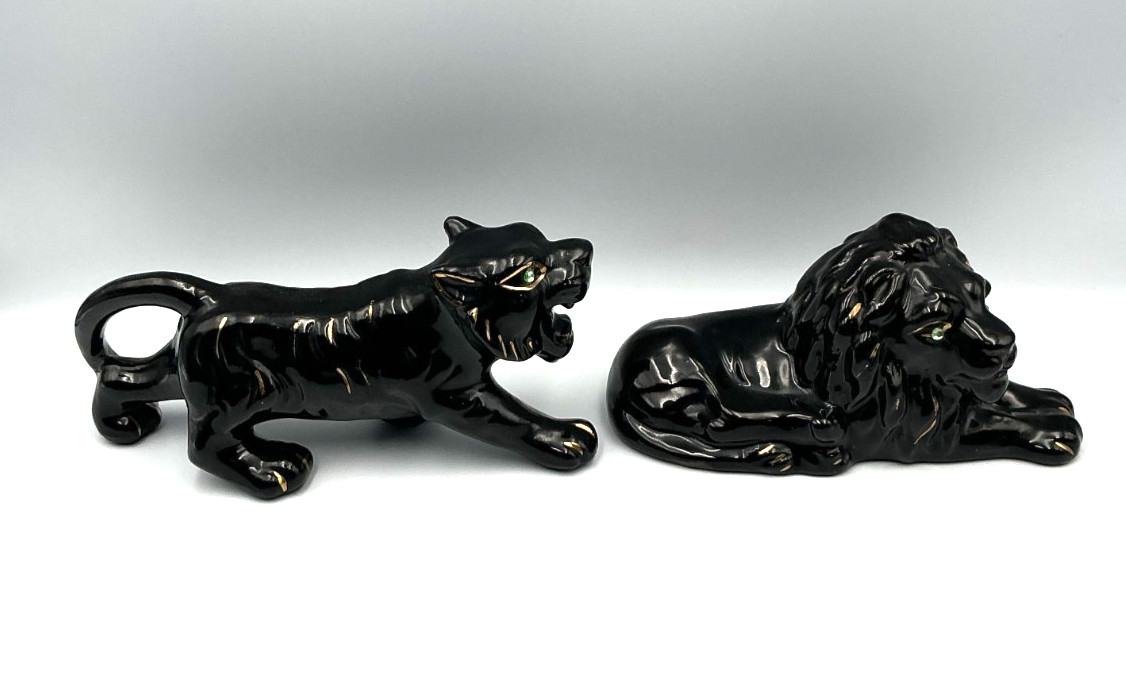 Vintage MCM Ceramic Lion & tiger Figurine Set Gold Trim Green Jewel Eyes