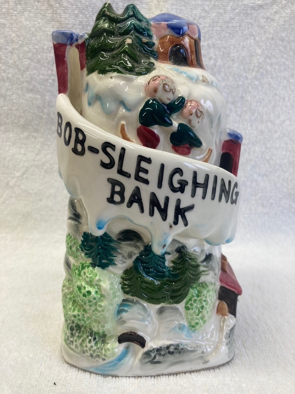 Vintage-1950's-Ceramic Bob Sledding Coin Bank
