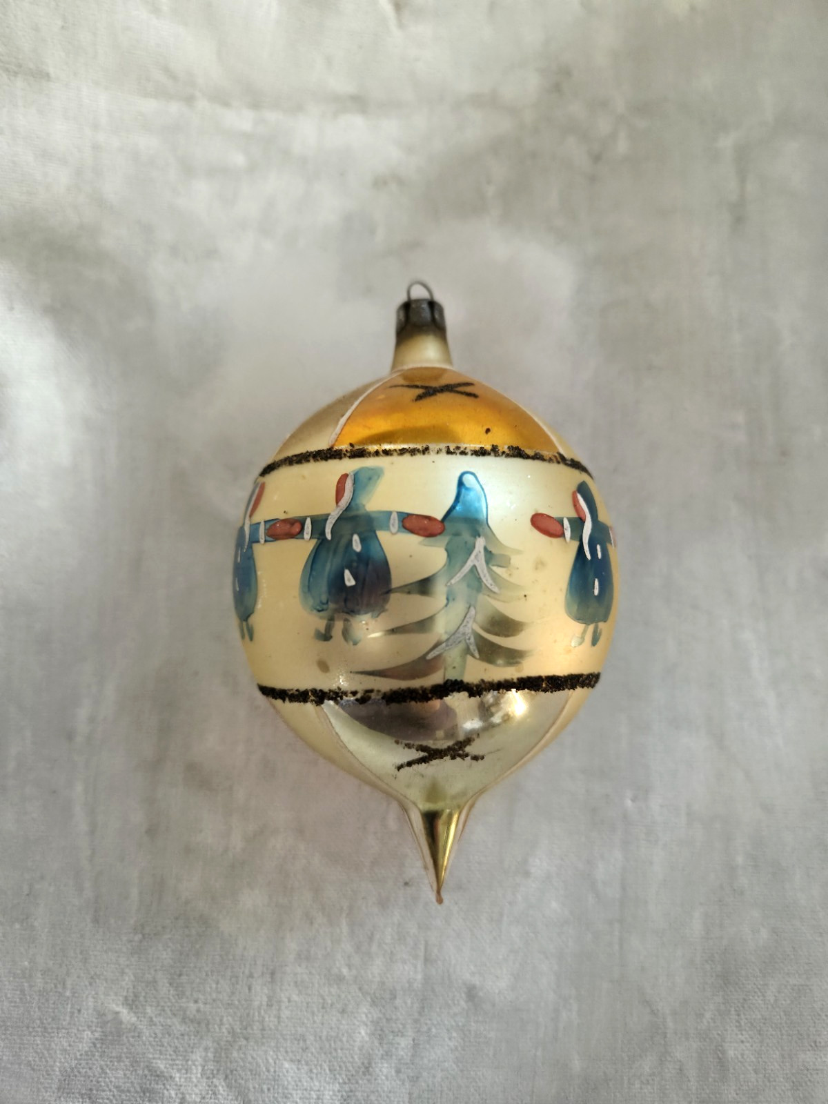 Vintage Mercury Glass Christmas Golden Ornament Tear Drop Dancing Santa Poland