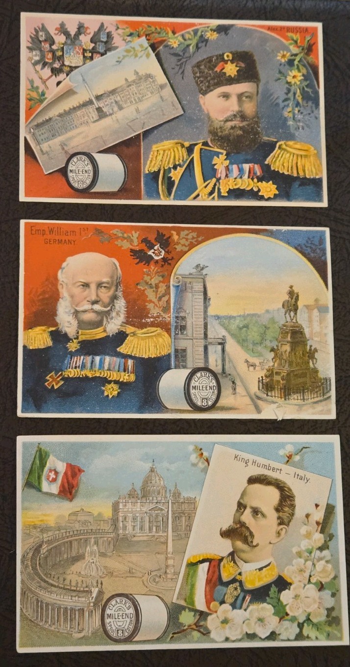 1887 Clark\'s Mile-End Spool Cotton World Rulers Victorian Trade Cards H605 Lot 3 1887 Clark\'s Mile-End Spool Cotton World Rulers Victorian Trade Cards H605 Lot 3