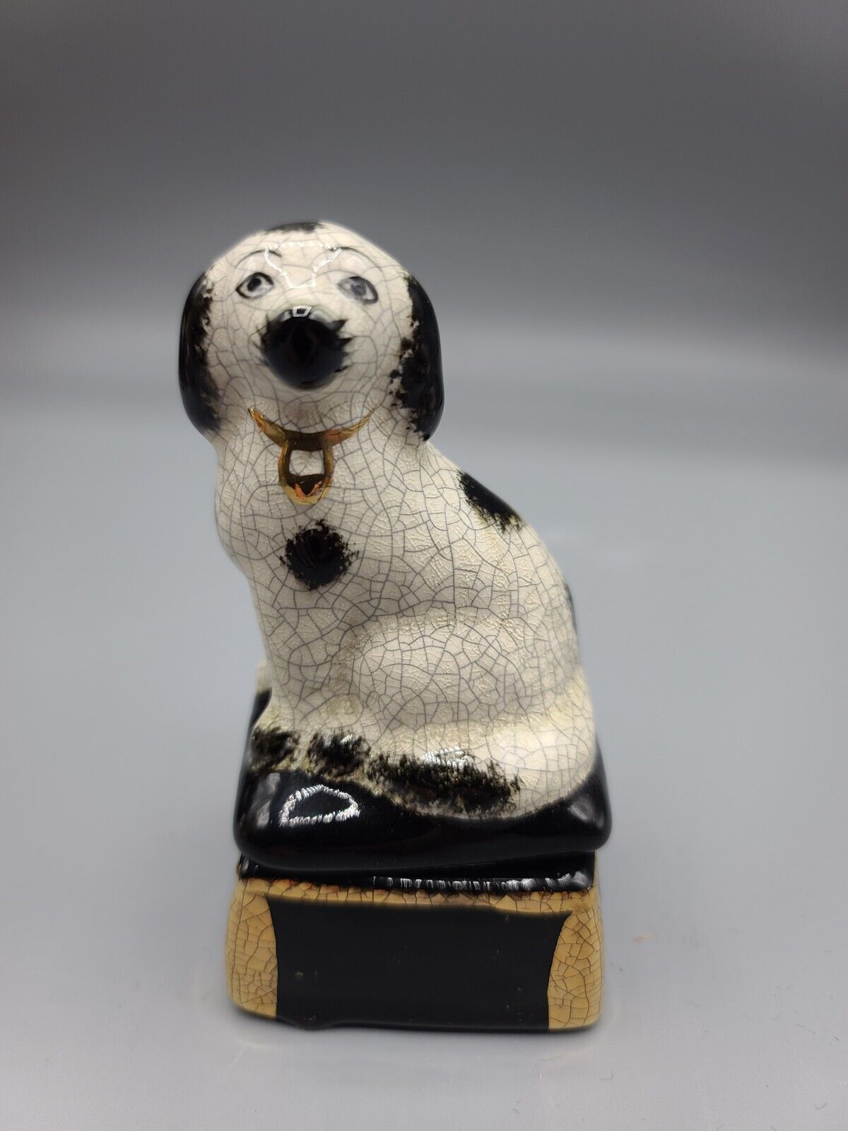Takahashi Dog Trinket Box Spaniel Porcelain Black w Gold Vtg Japan