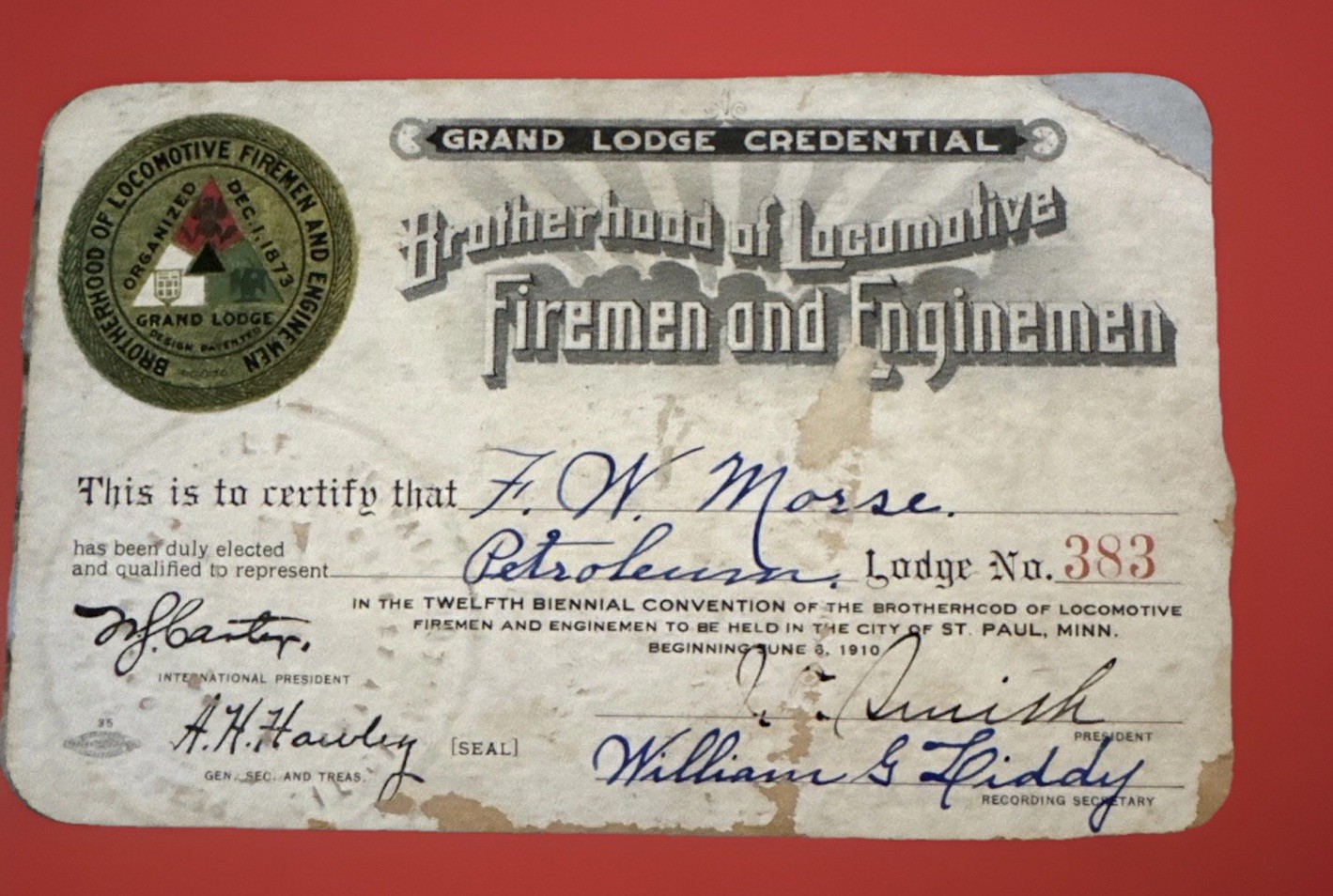 1910 Brotherhood of Locomotive Firemen & Enginemen Grand Lodge Credential w/Seal
