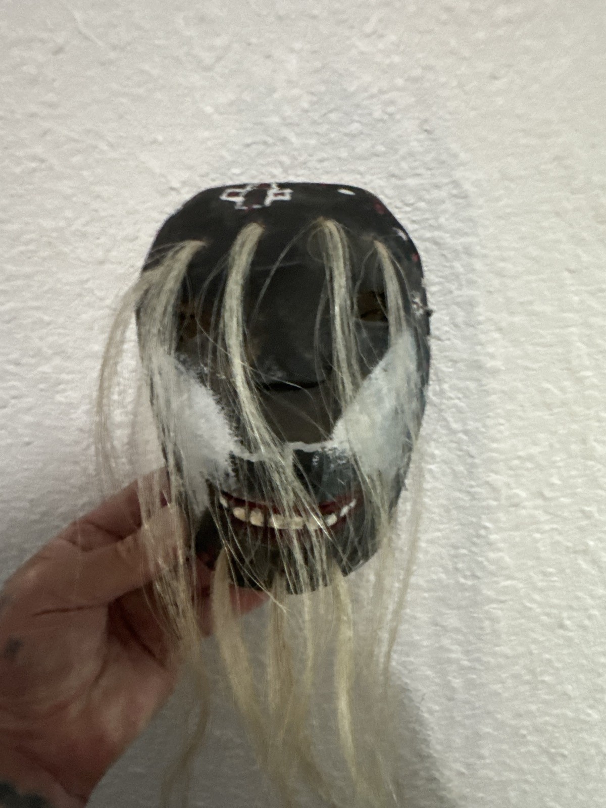 Vintage Hand Carved Wooden Folk Art Mask with Hair & Painted Accents