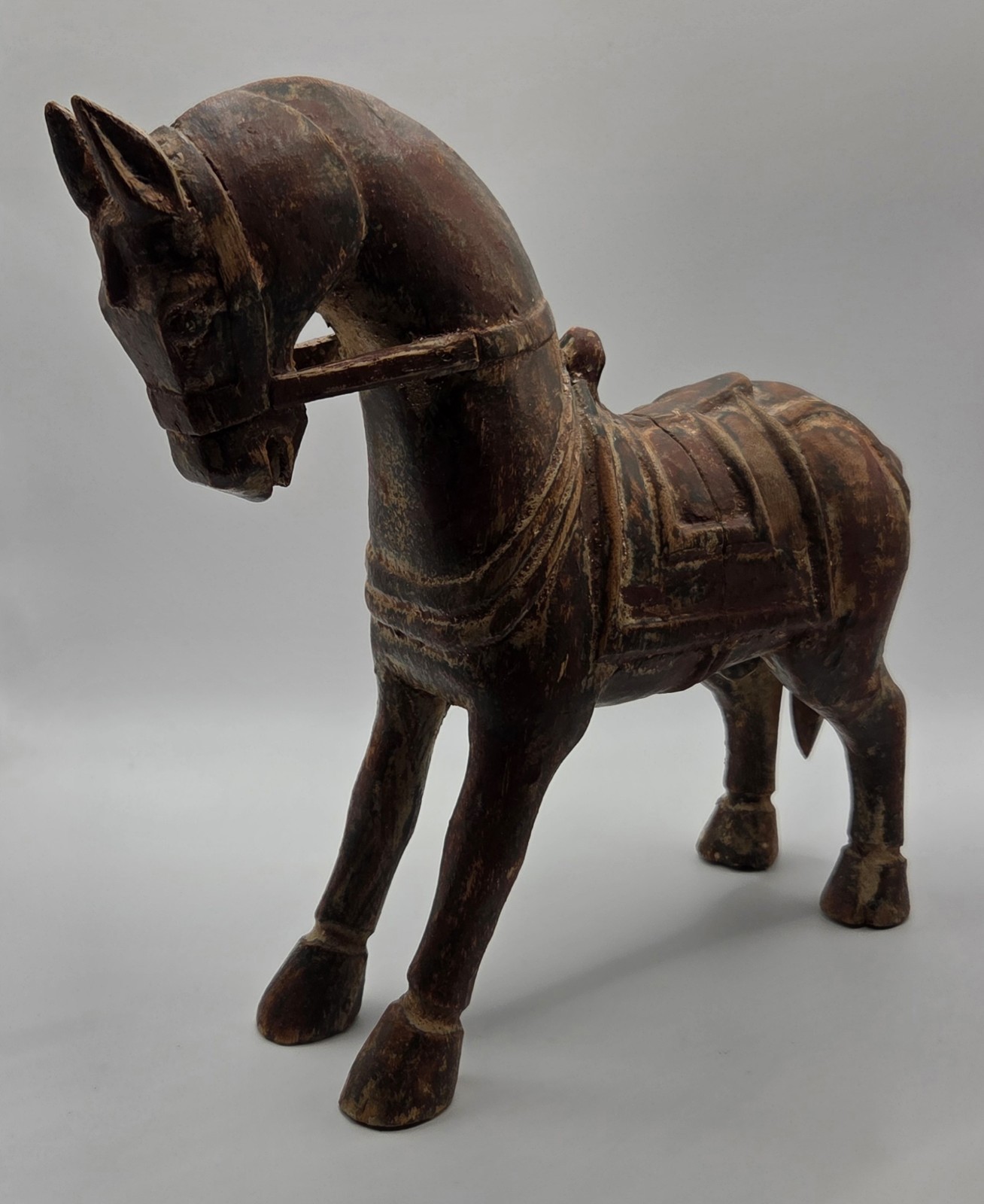 VTG 70s Indian Hand Carved Wooden Horse Statue Anatomically Correct Moving Tail