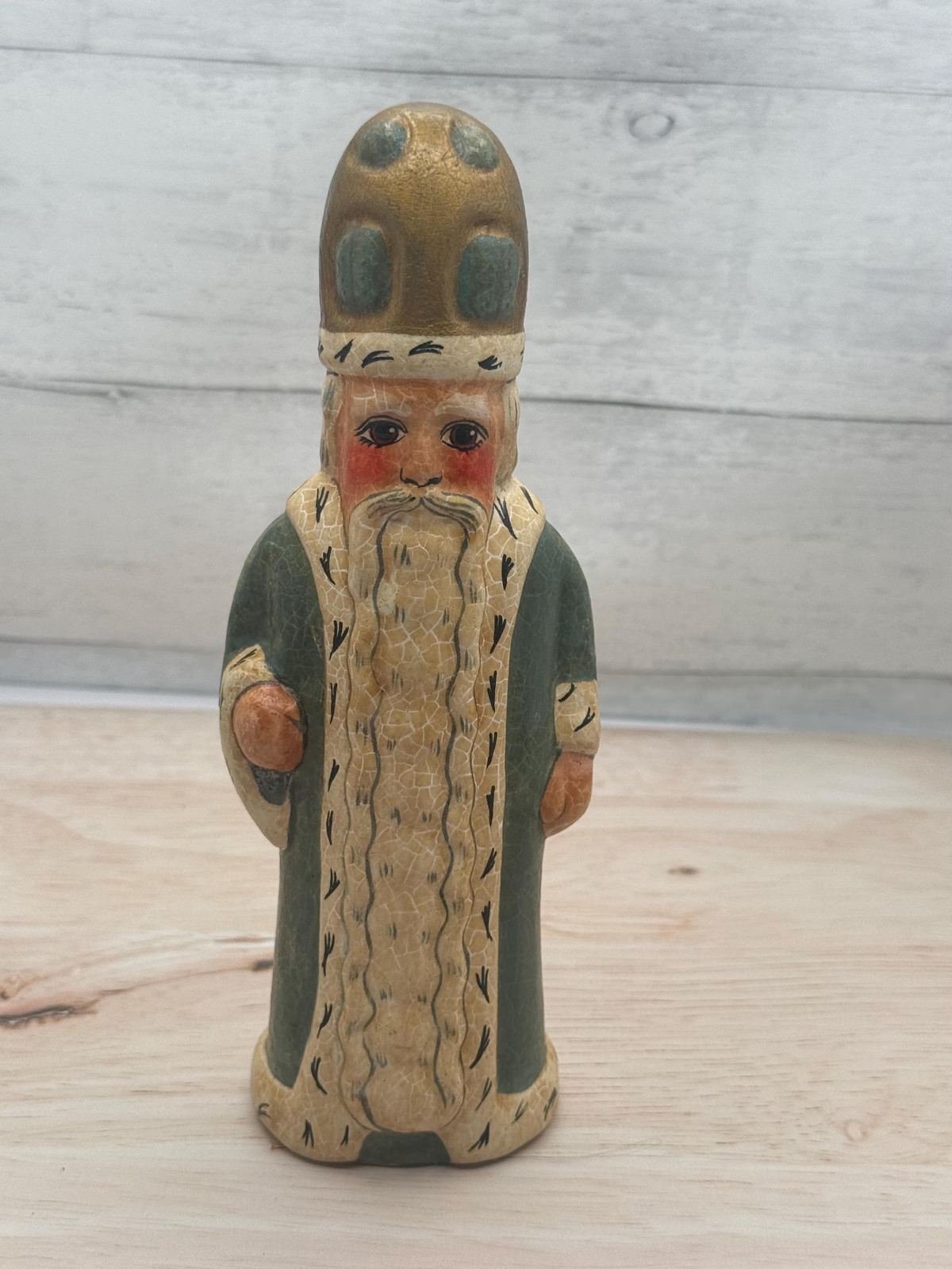 Vaillancourt Folk Art 1989 Chalkware St Nicholas Santa No. 117 Green Robe Signed
