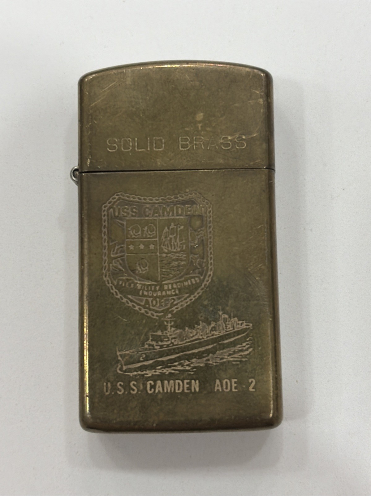 Vintage 1990 Solid Brass Zippo Lighter - USS Camden AOE-2 US Navy Commemorative