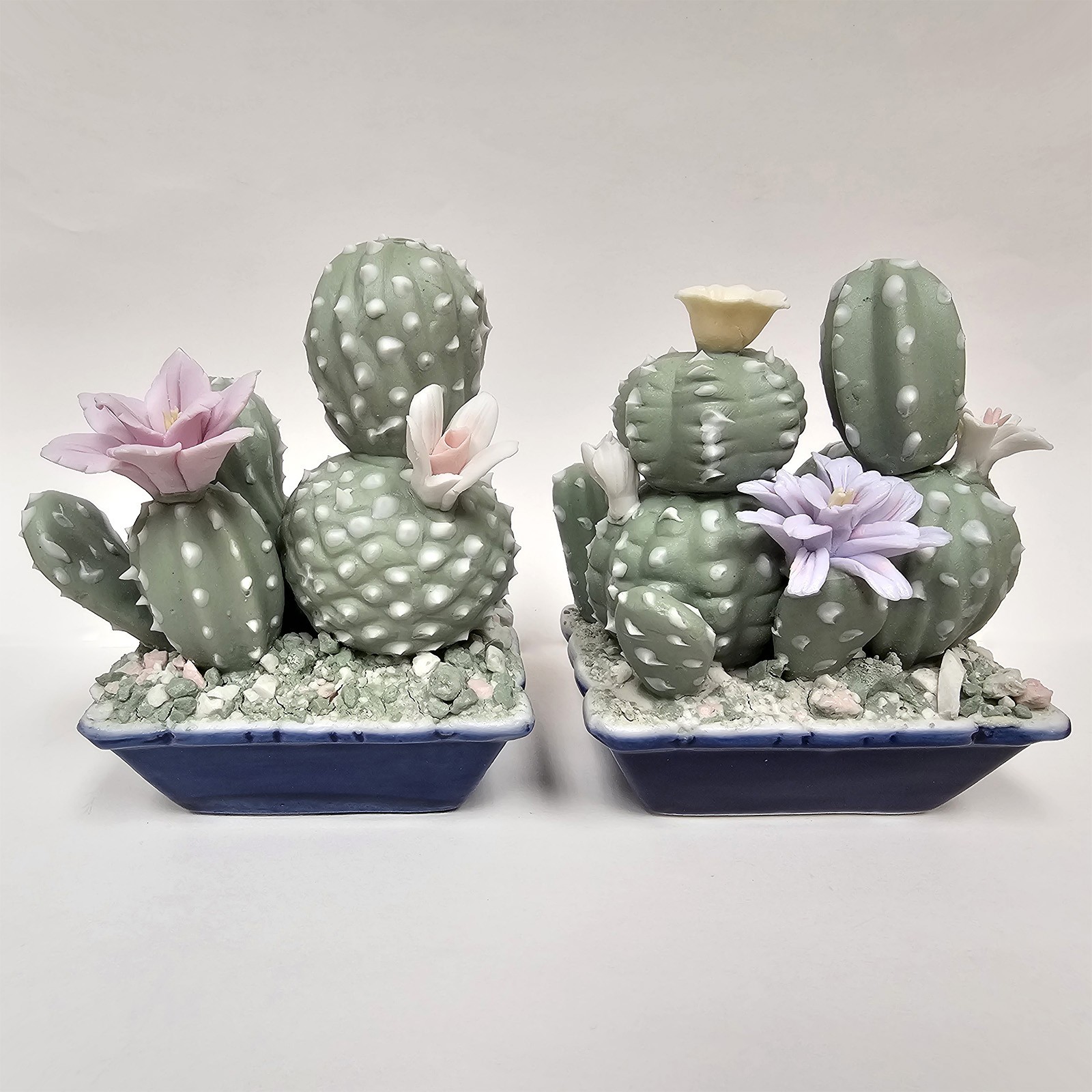 Lot of 2 Ceramic Cactus Figurines with Purple & Pink Flowers