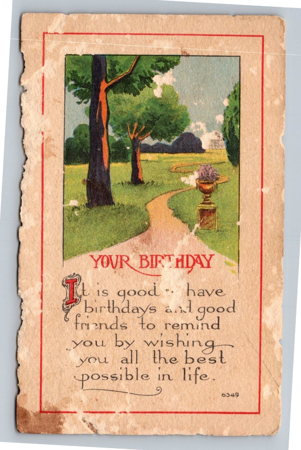 Vintage 1918 Birthday Greeting Postcard with Scenic Garden Path Illustration
