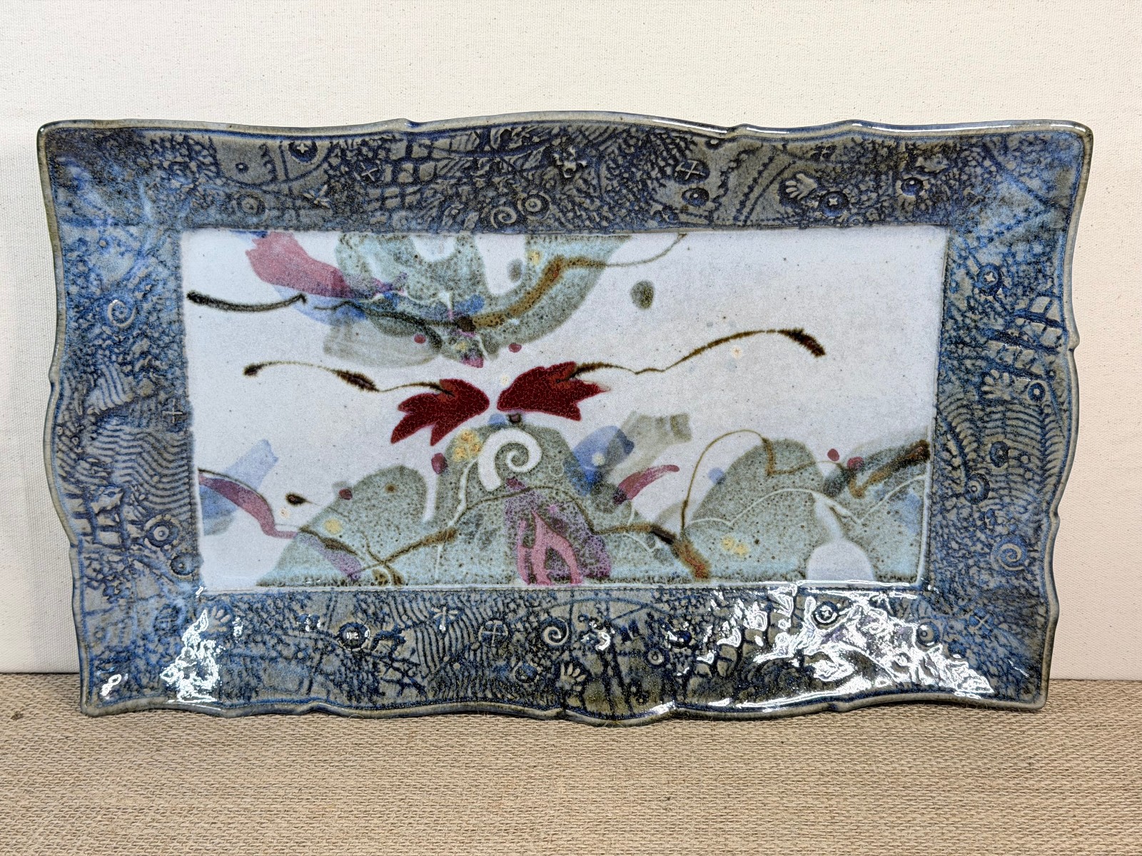 Mara Mexico Signed Stoneware Rectangular Platter Abstract Floral 15.5\