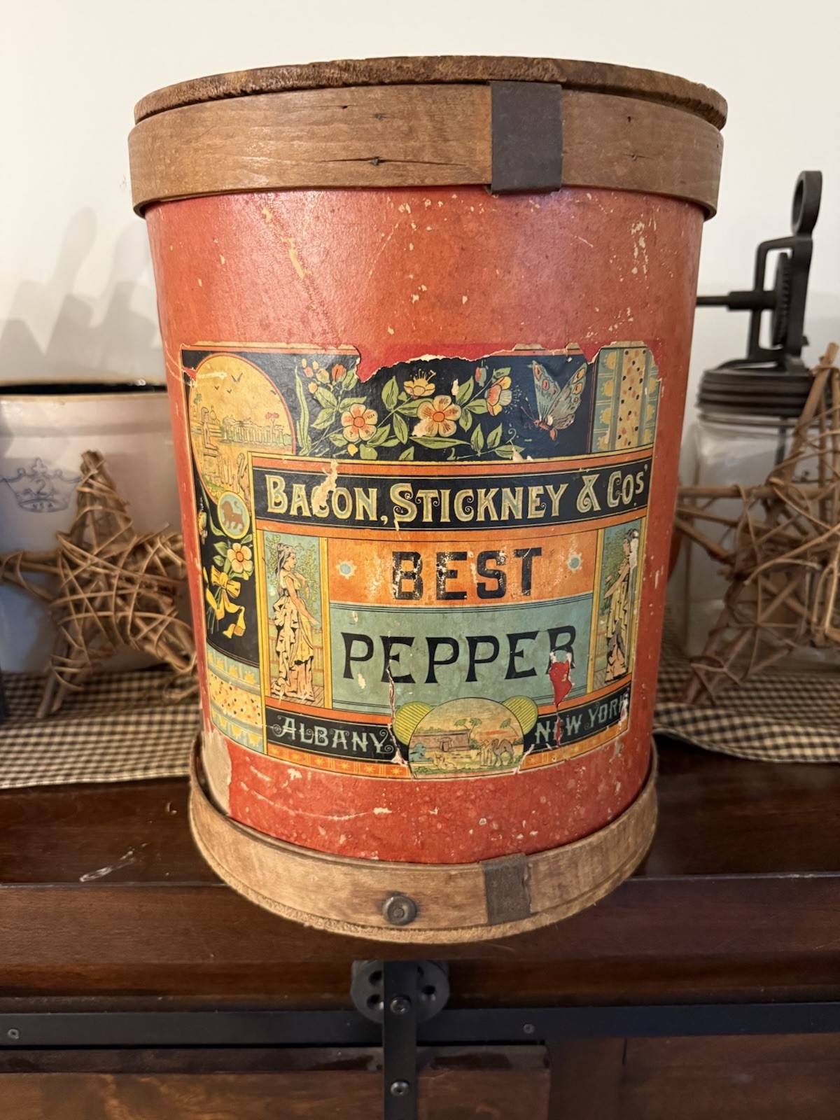 Antique Bacon, Stickney & Cos Best Pepper Wooden Advertising Container Albany NY