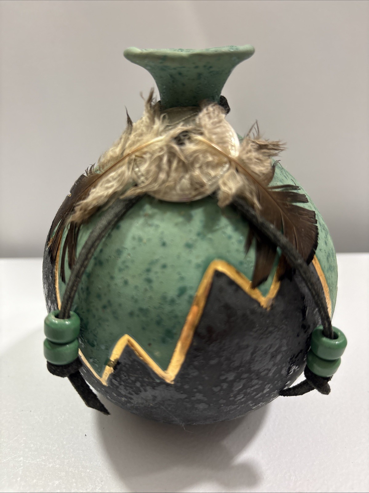 VTG J. Dudley Signed Native American Style Ceramic Wedding Vase Feathers 5x5