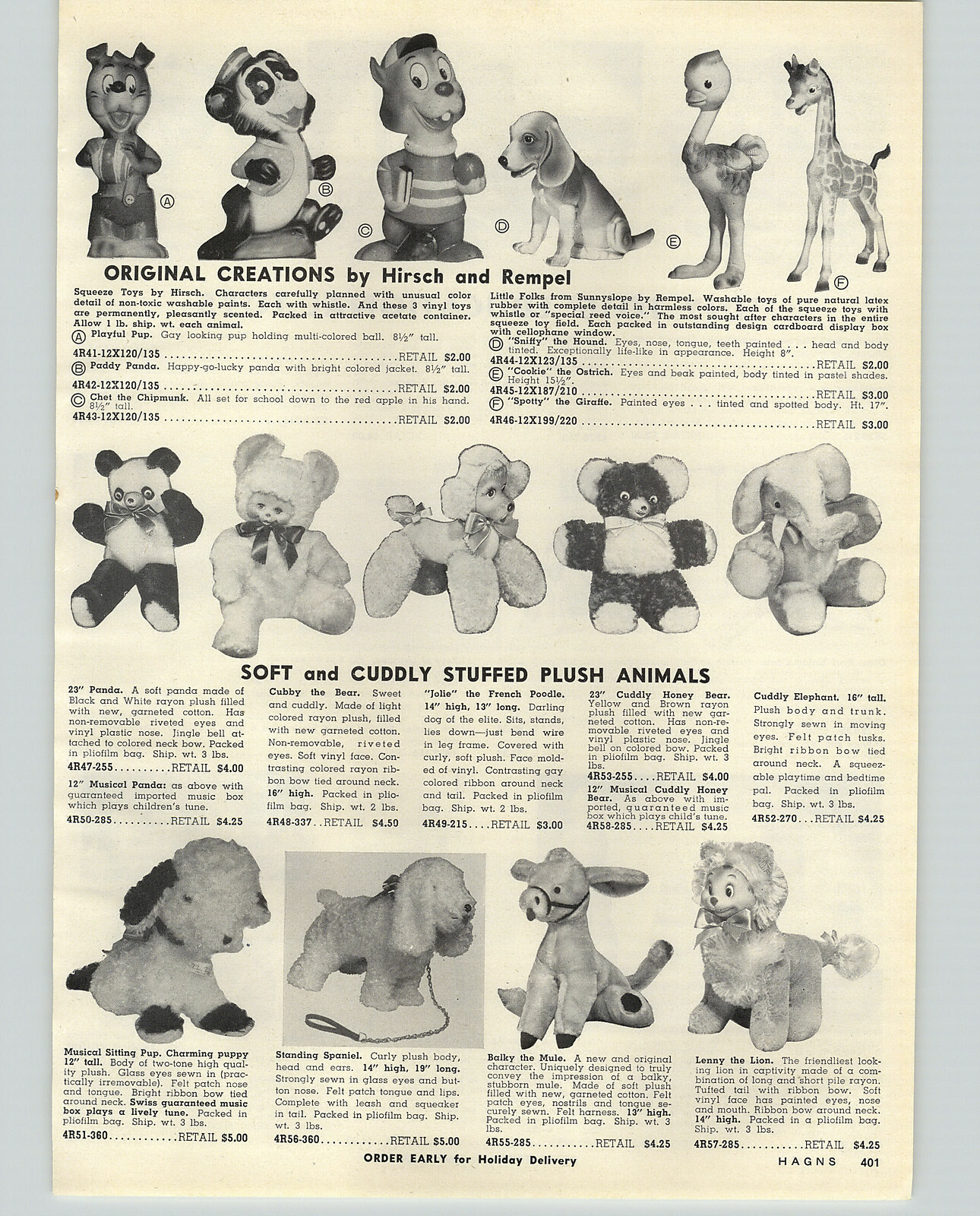 1956 PAPER AD Hirsch and Rempel Rubber Squeeze Toys Dolls Panda Dog Pup Giraffe
