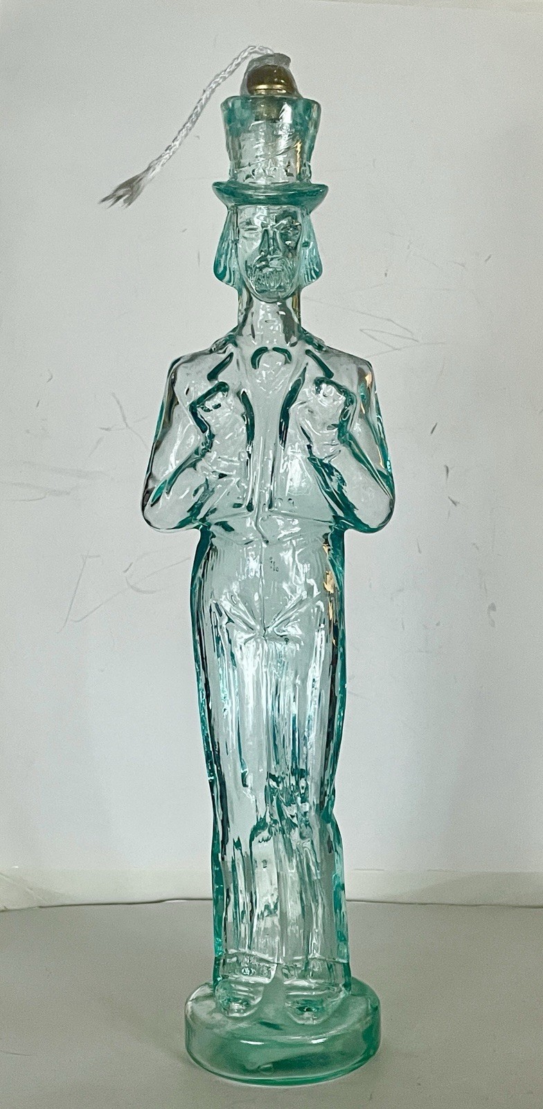 VINTAGE NOS SWEET ANTIQUES GLASS LTD. UNCLE SAM SEA GREEN OIL LAMP BOTTLE~ SPAIN